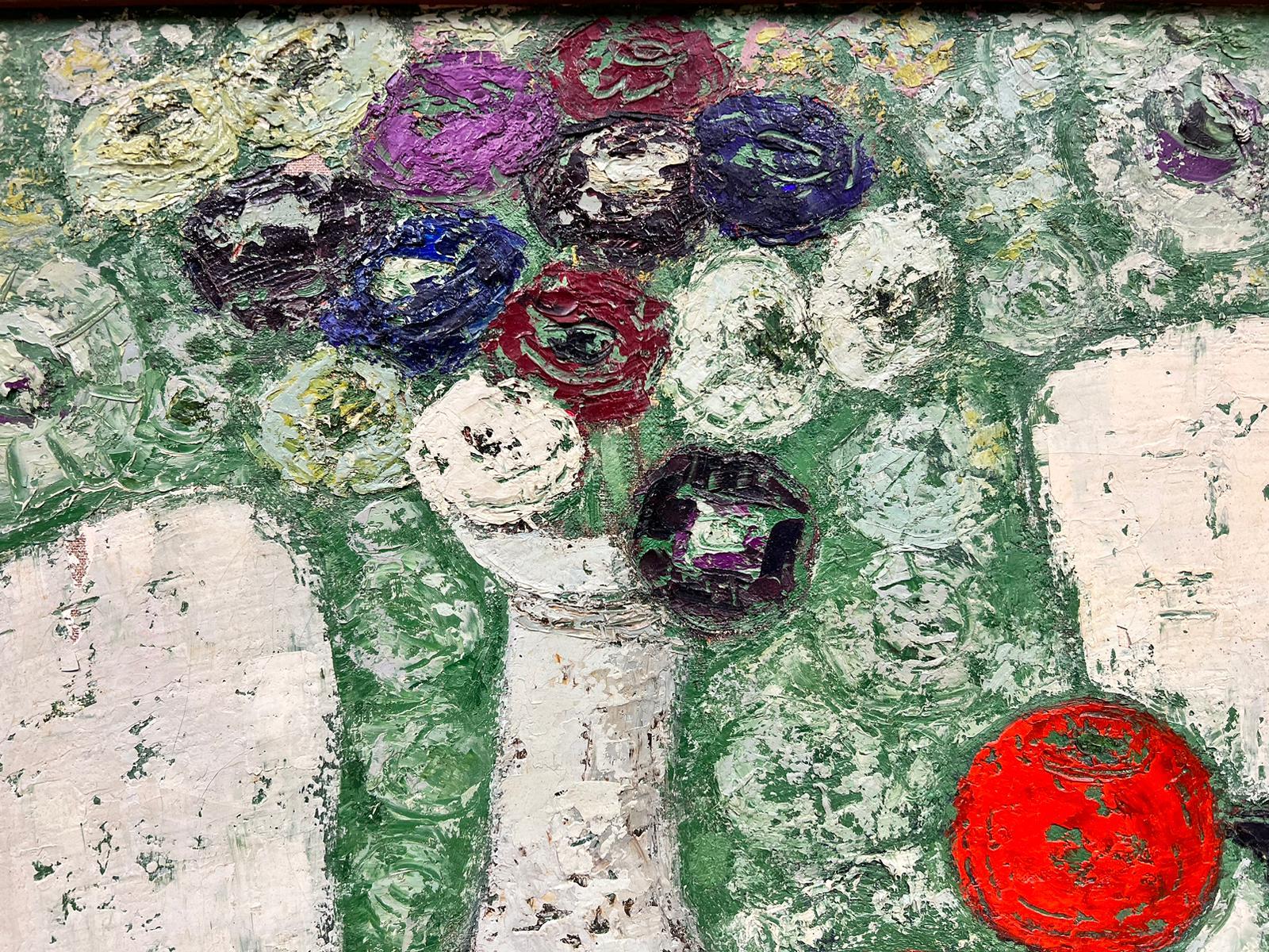 Grande olio francese modernista firmato Mele rosse Sfondo verde Bollitore Natura morta - Painting Moderno di Christof Gracieuse
