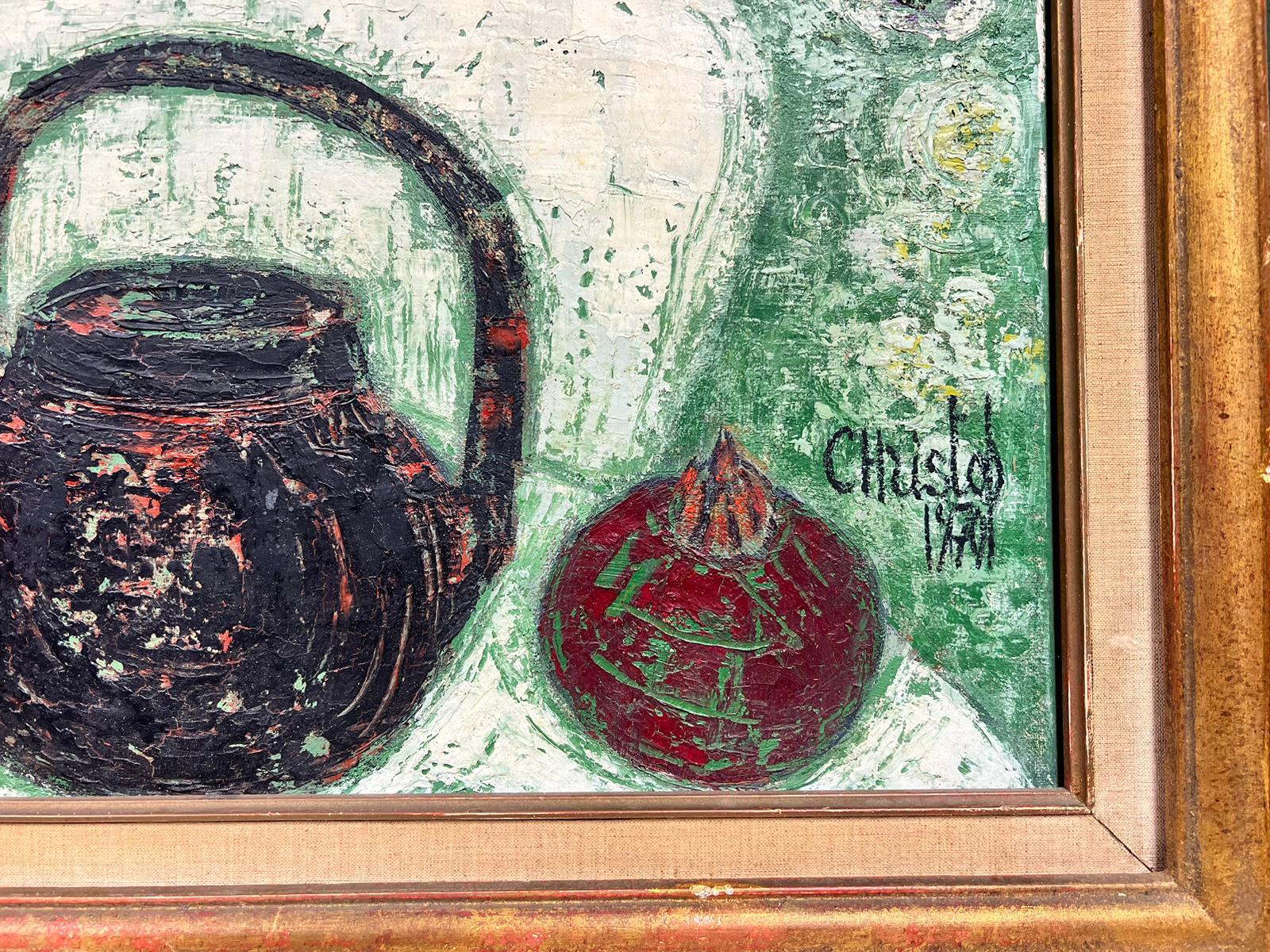 Grande olio francese modernista firmato Mele rosse Sfondo verde Bollitore Natura morta in vendita 1