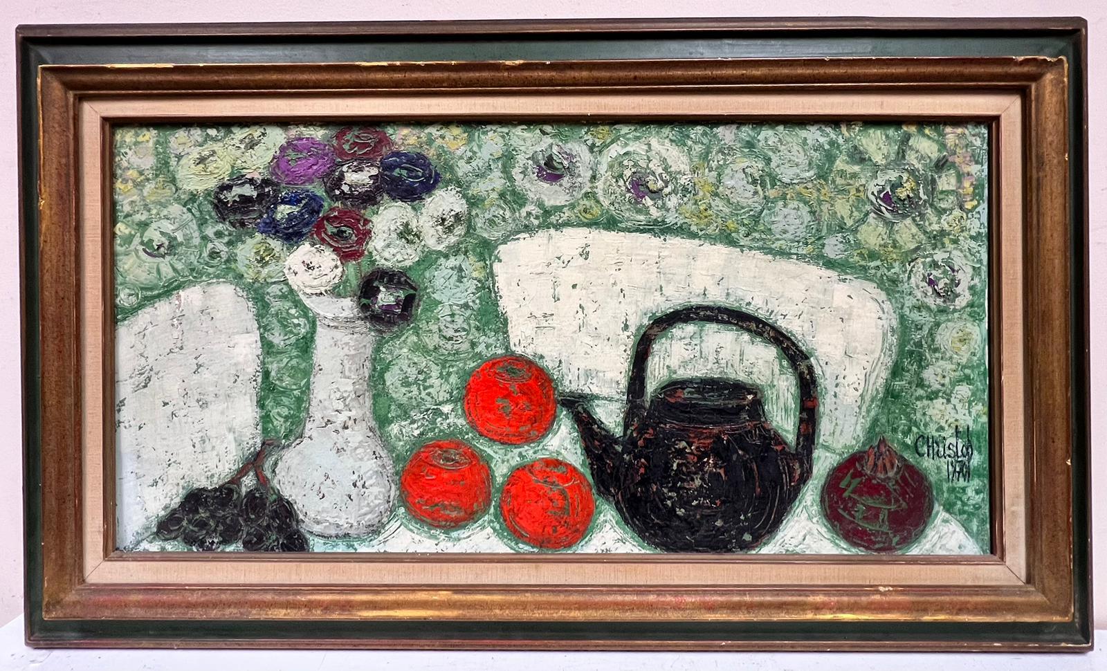 Still-Life Painting di Christof Gracieuse - Grande olio francese modernista firmato Mele rosse Sfondo verde Bollitore Natura morta