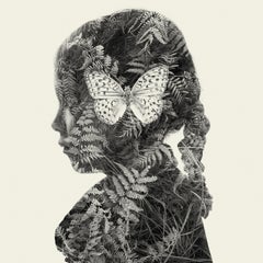 Butterfly Mind - black and white portrait and nature multi exposure photograph