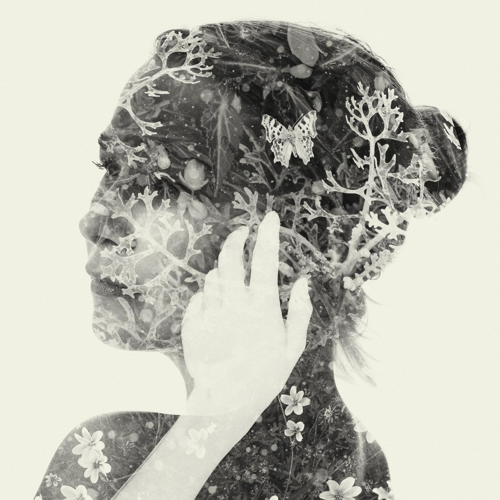Christoffer Relander Black and White Photograph - Collector - black and white portrait and nature multi exposure photograph