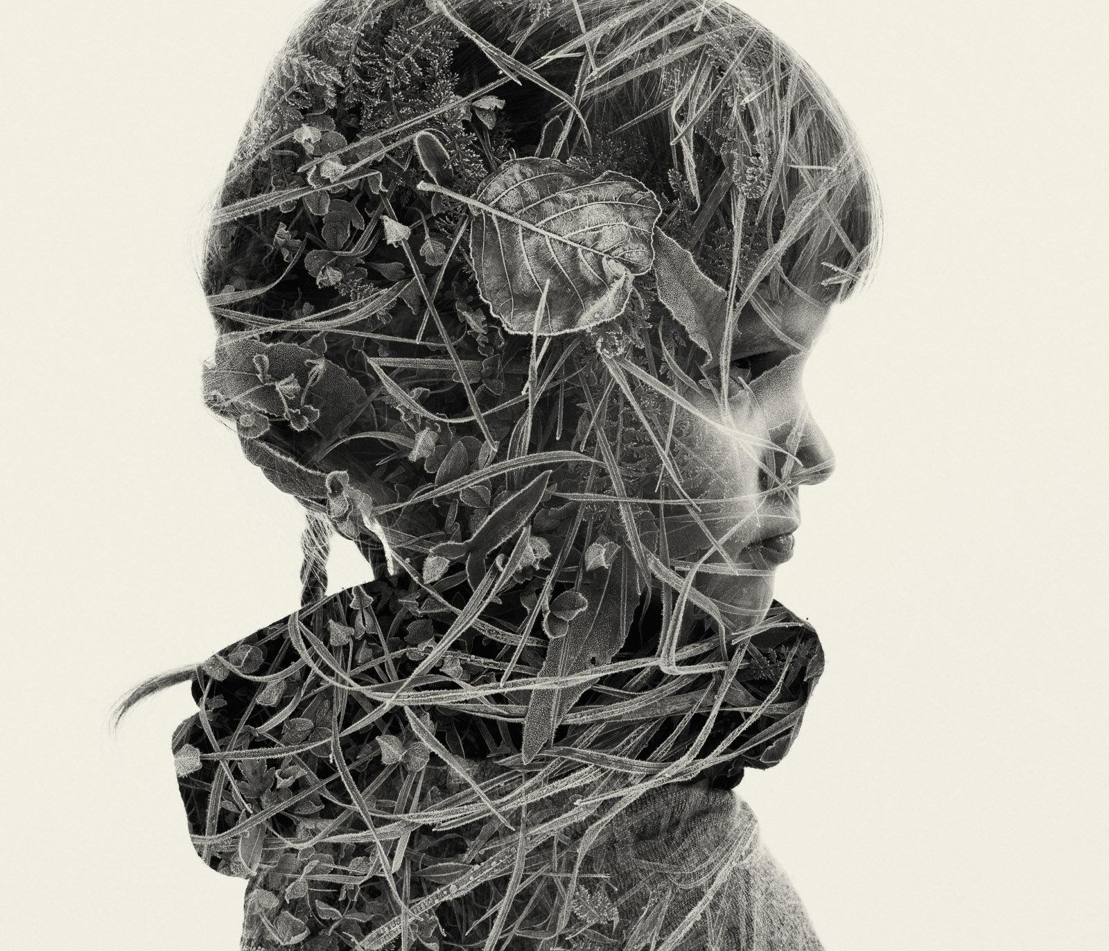 Dearest - black and white portrait and nature multi exposure photograph