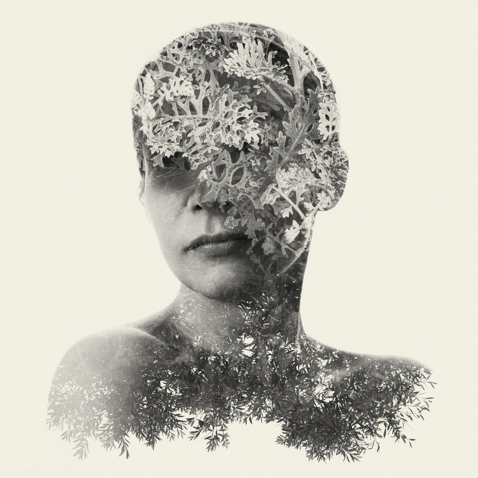 Christoffer Relander Black and White Photograph - Guardian - black and white portrait and nature multi exposure photograph