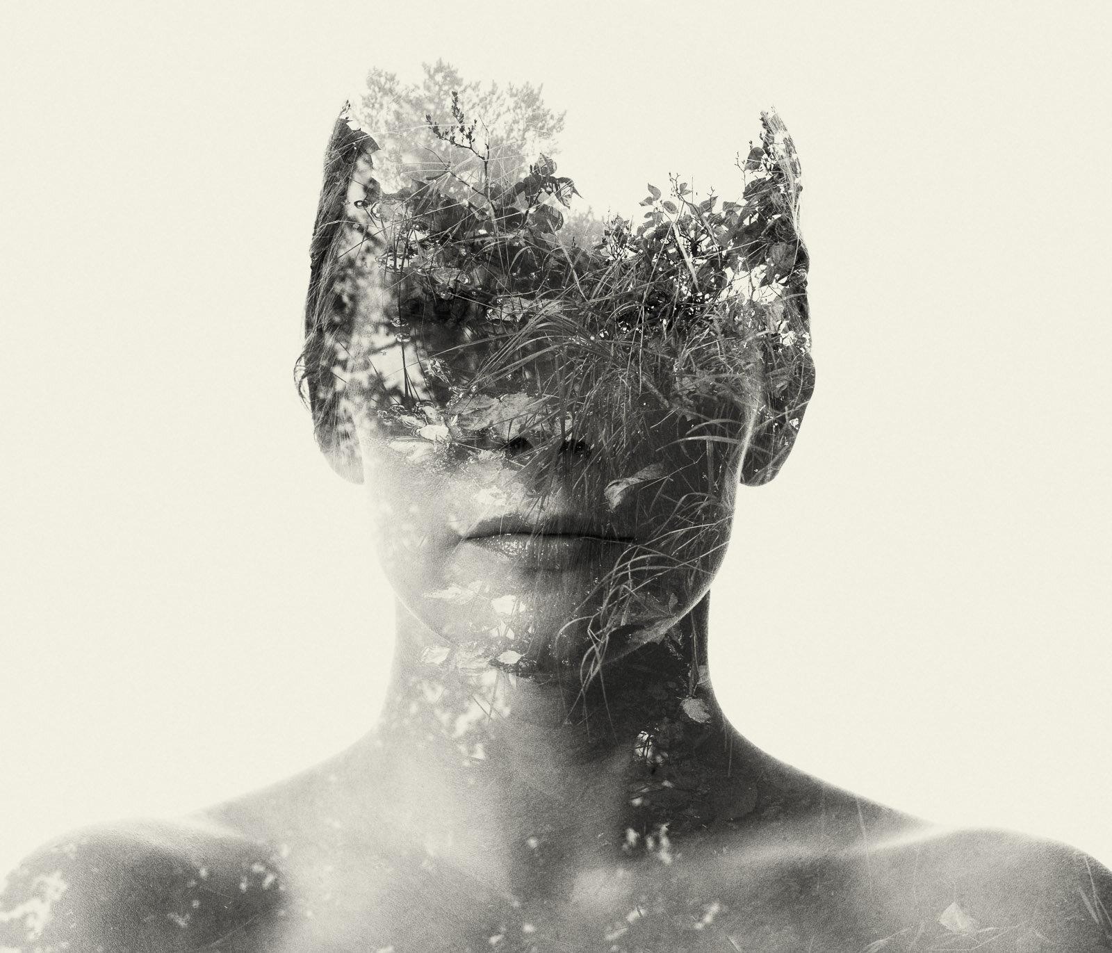 Christoffer Relander Black and White Photograph - Miss Autumn - black and white portrait and nature multi exposure photograph