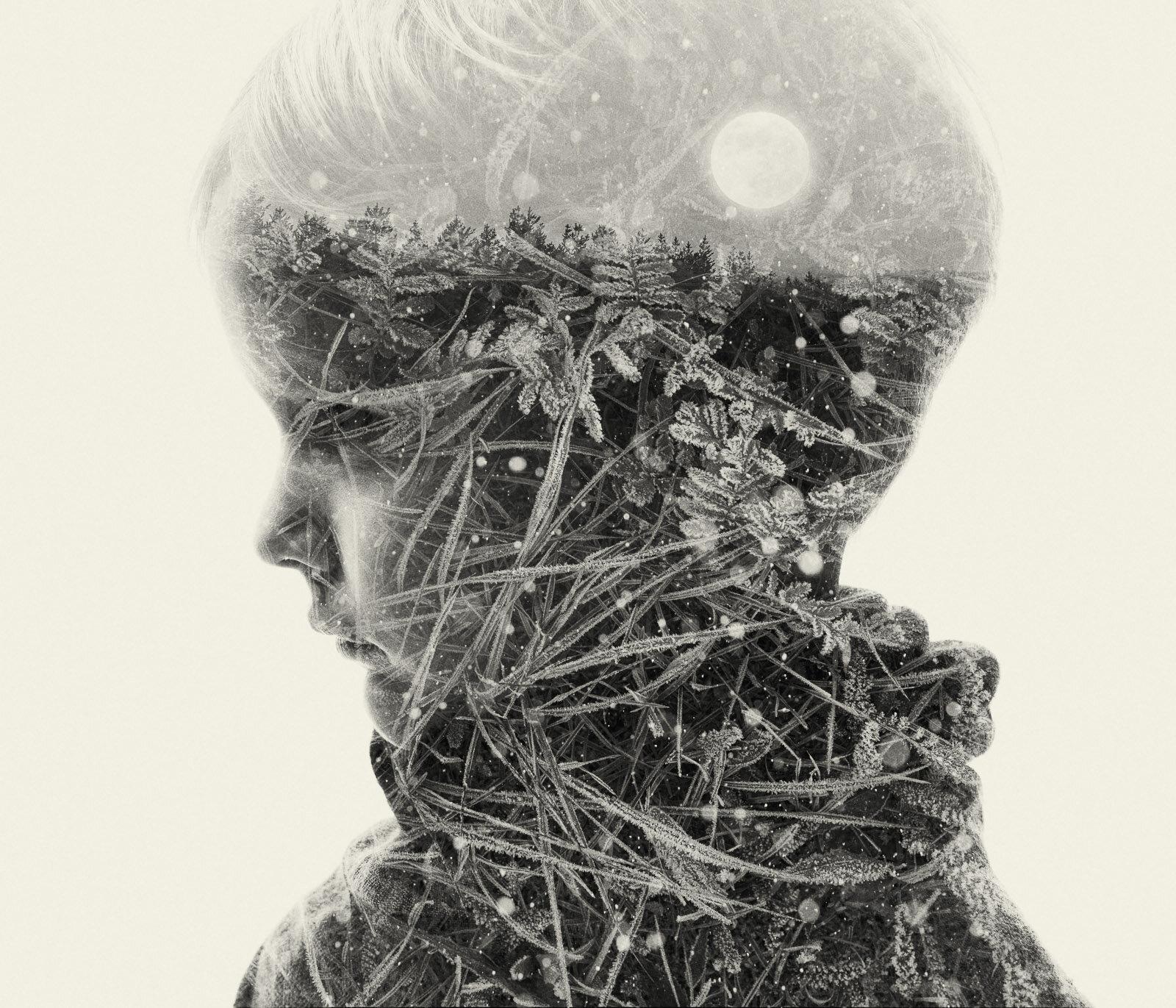 Moon child - black and white portrait and nature multi exposure photograph