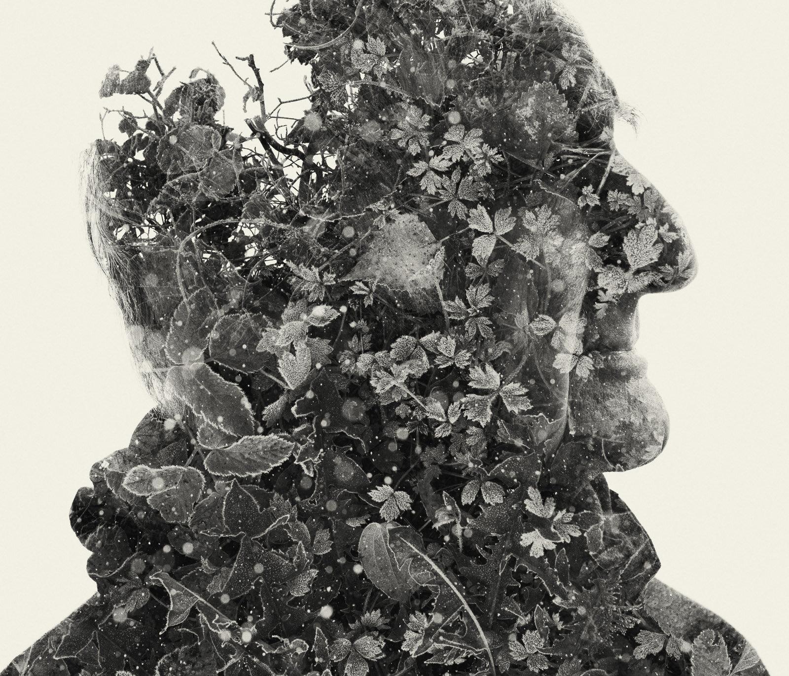 Christoffer Relander Black and White Photograph - The ancestor - black and white portrait and nature multi exposure photograph