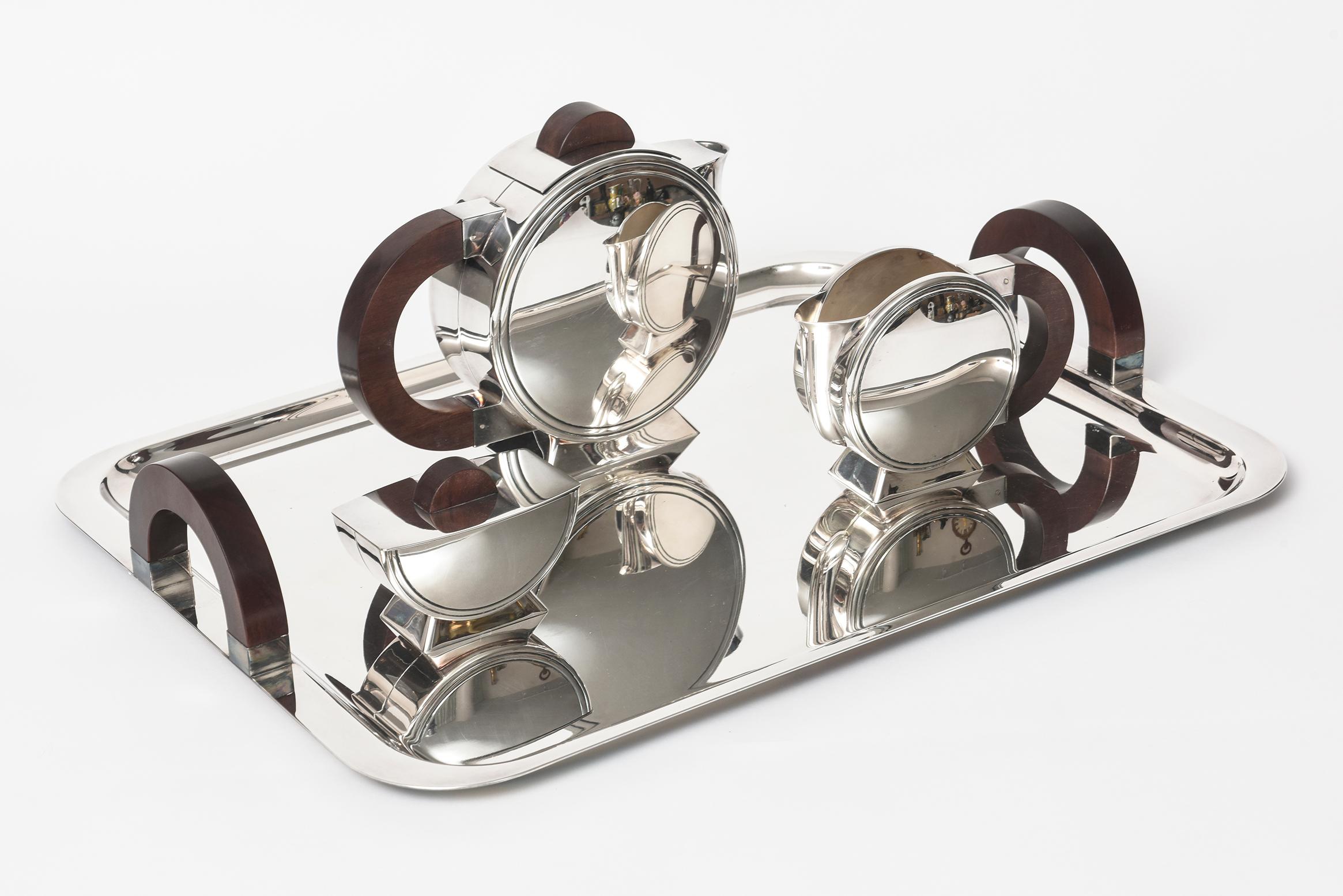 French Christofle 1925 Silver Plate Art Deco Tea Service Tray Teapot Sugar Creamer Set