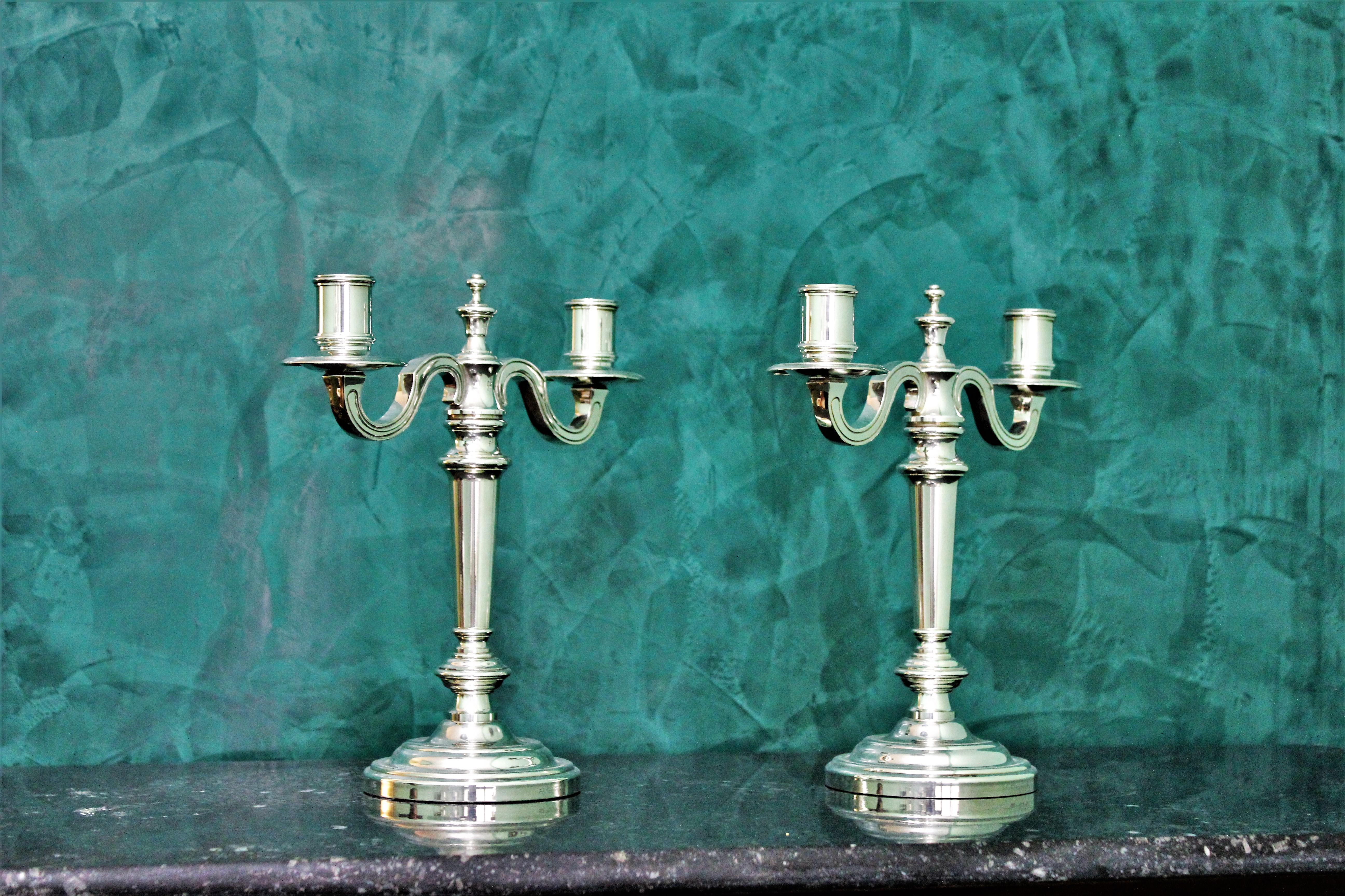 Art Deco Christofle 20th Century French Silver Plated Pair of Candlesticks, 1970s For Sale