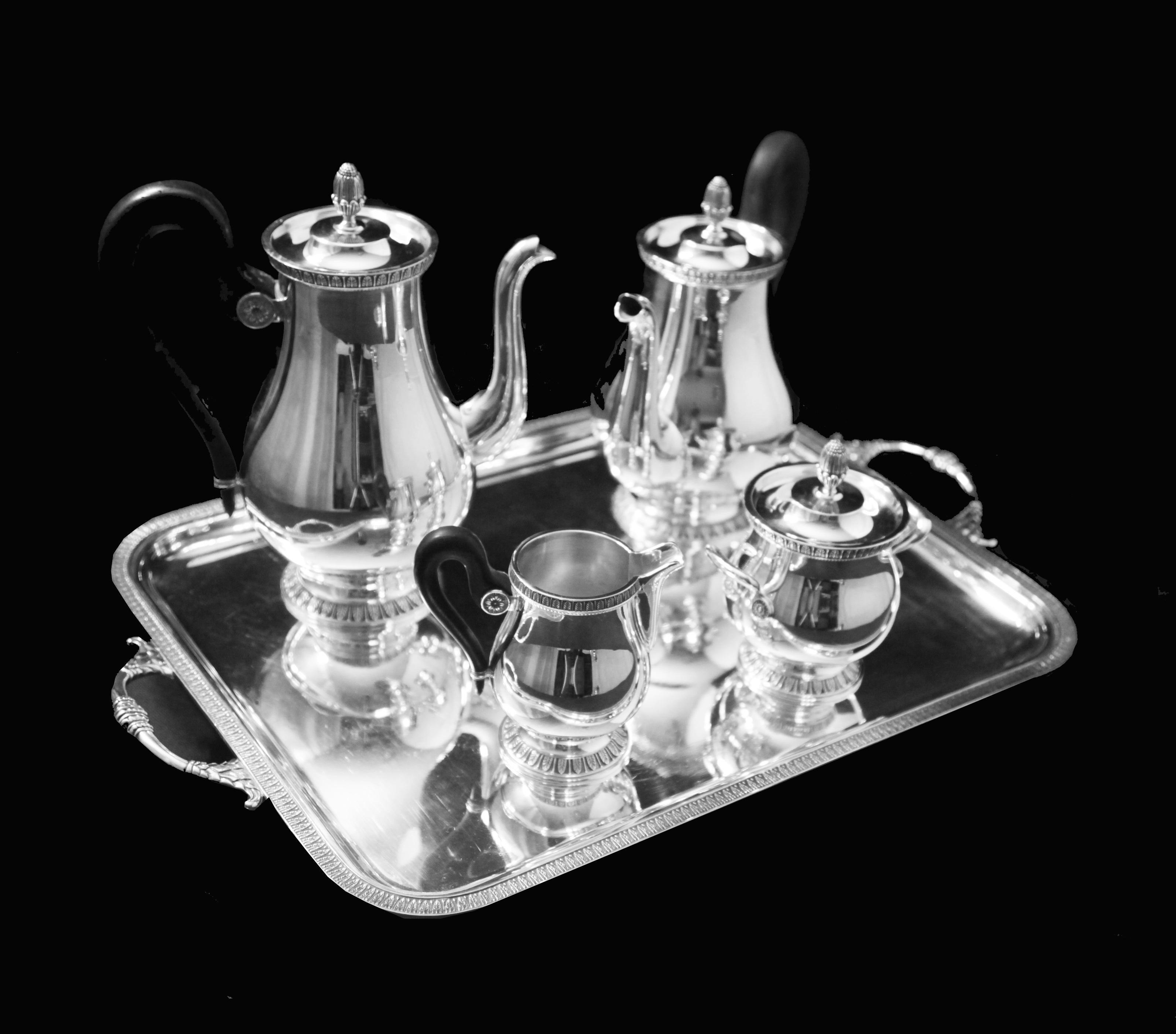 Direct from Paris, a magnificent 5-piece French antique Louis XVI style silver-plate tea set by France’s premier silversmith “Christofle” – Silversmith to the King.  Each piece in this stunning set has been professionally refinished to like new