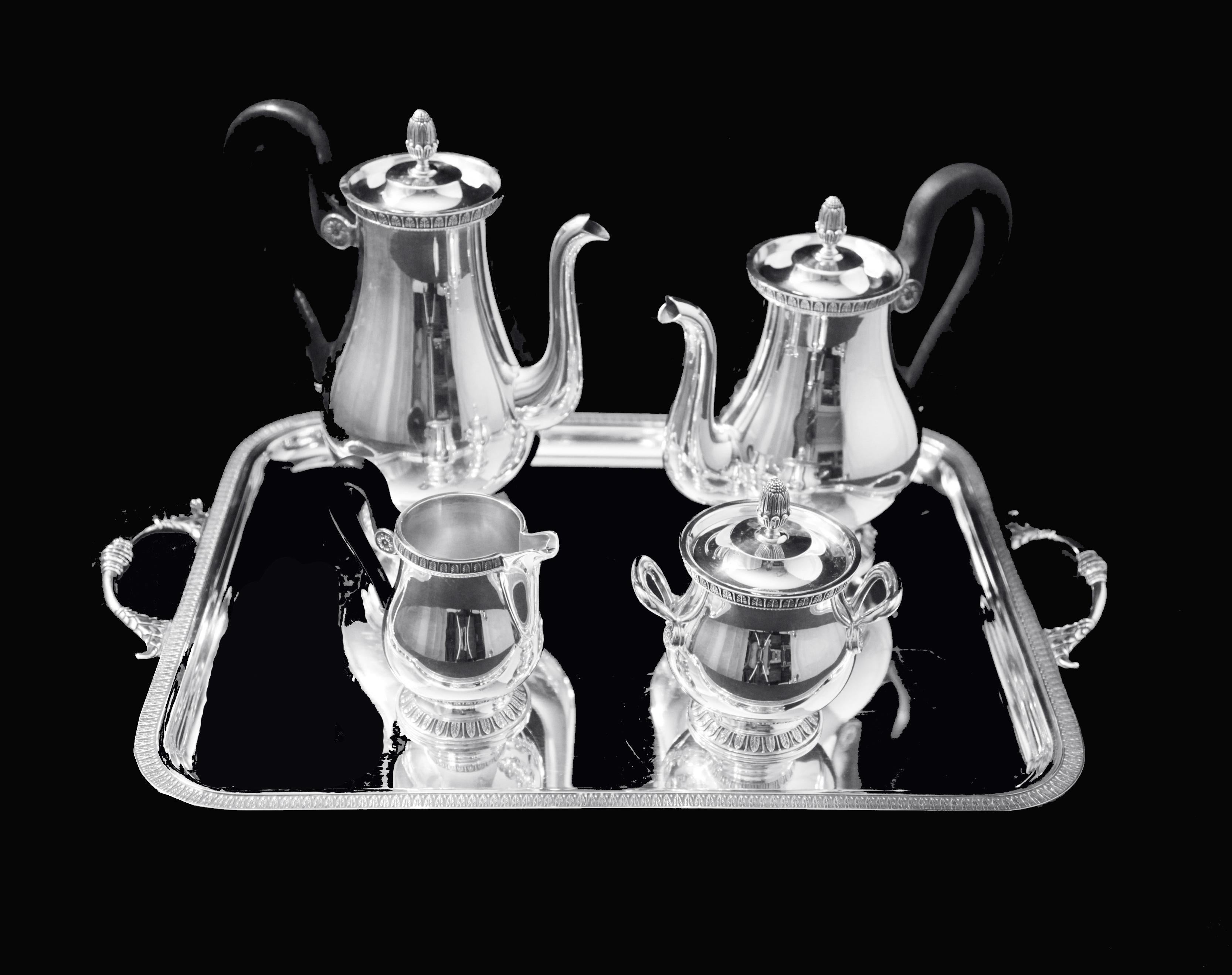 Christofle - 4pc. French Antique Louis XVI Silver Plate Tea Set + Tray, MINT ! In Good Condition For Sale In Wilmington, DE
