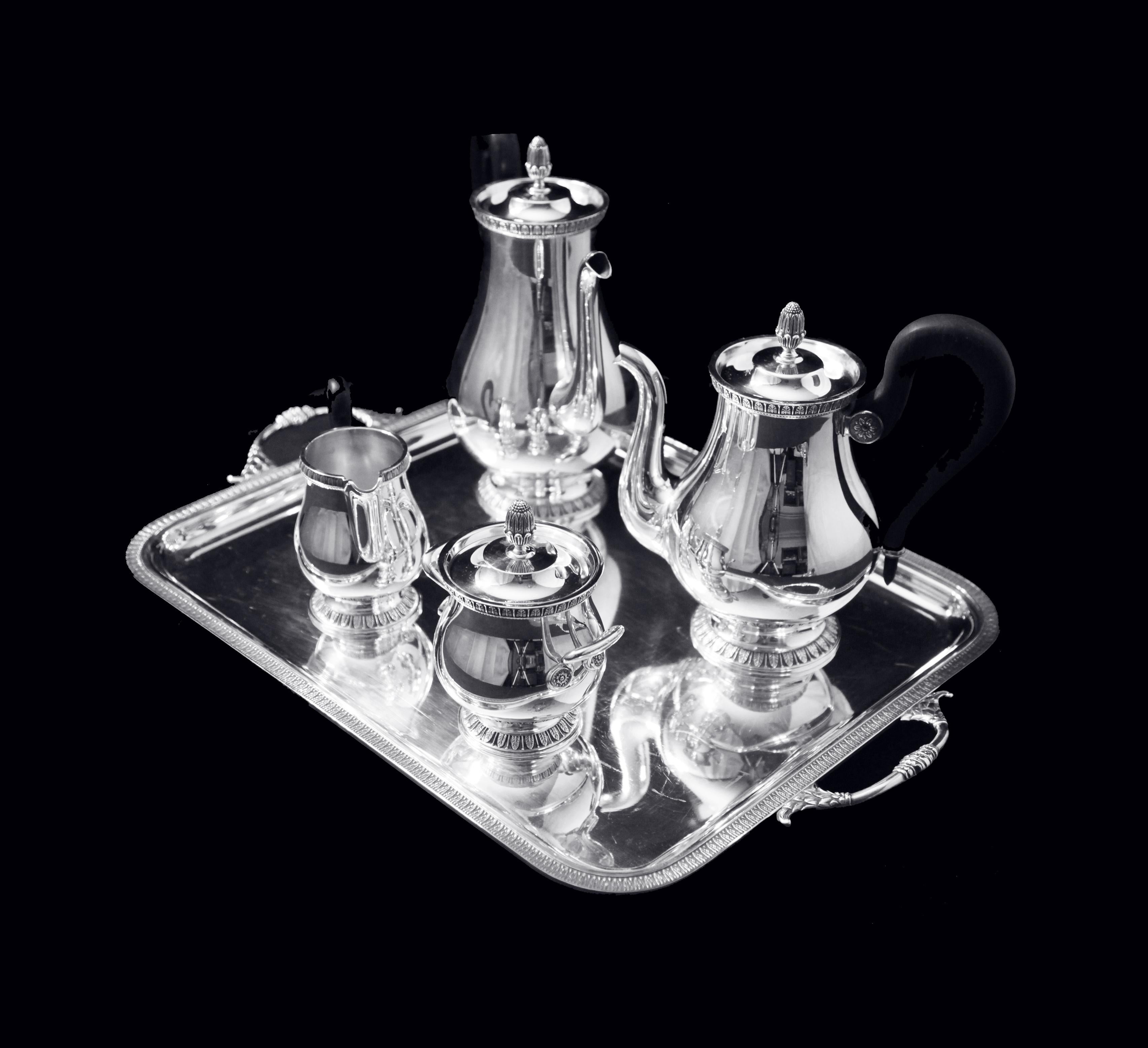 20th Century Christofle - 4pc. French Antique Louis XVI Silver Plate Tea Set + Tray, MINT ! For Sale