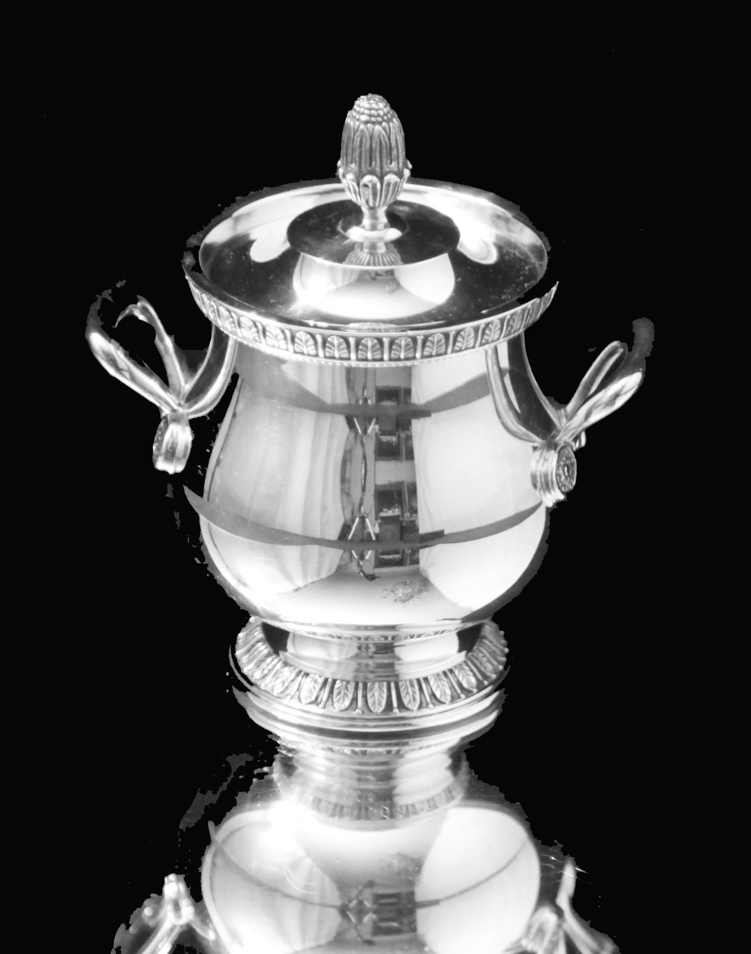 Christofle - 4pc. French Antique Louis XVI Silver Plate Tea Set + Tray, MINT ! For Sale 4