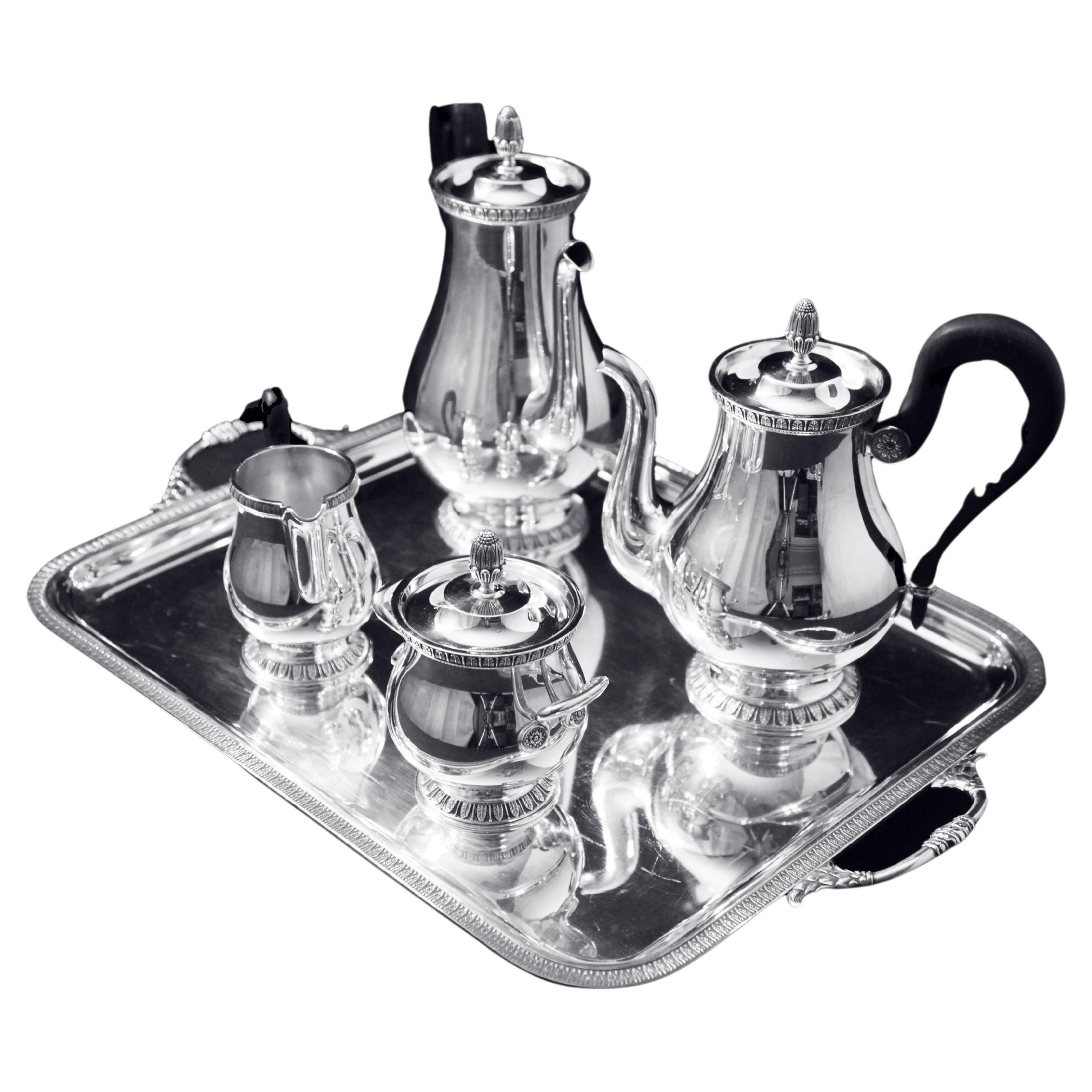 Christofle - 4pc. French Antique Louis XVI Silver Plate Tea Set + Tray, MINT !