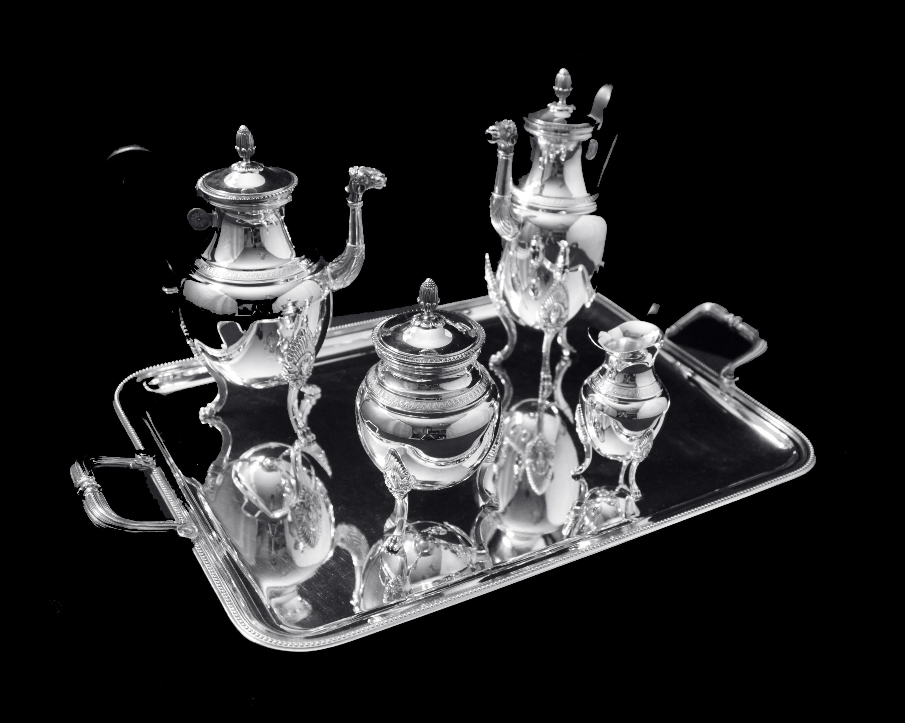 Direct from Paris, a magnificent 5-piece French antique Empire style silver-plate tea set by France’s premier silversmith “Christofle” – Silversmith to the King.  Each piece in this stunning set has been professionally refinished to like new