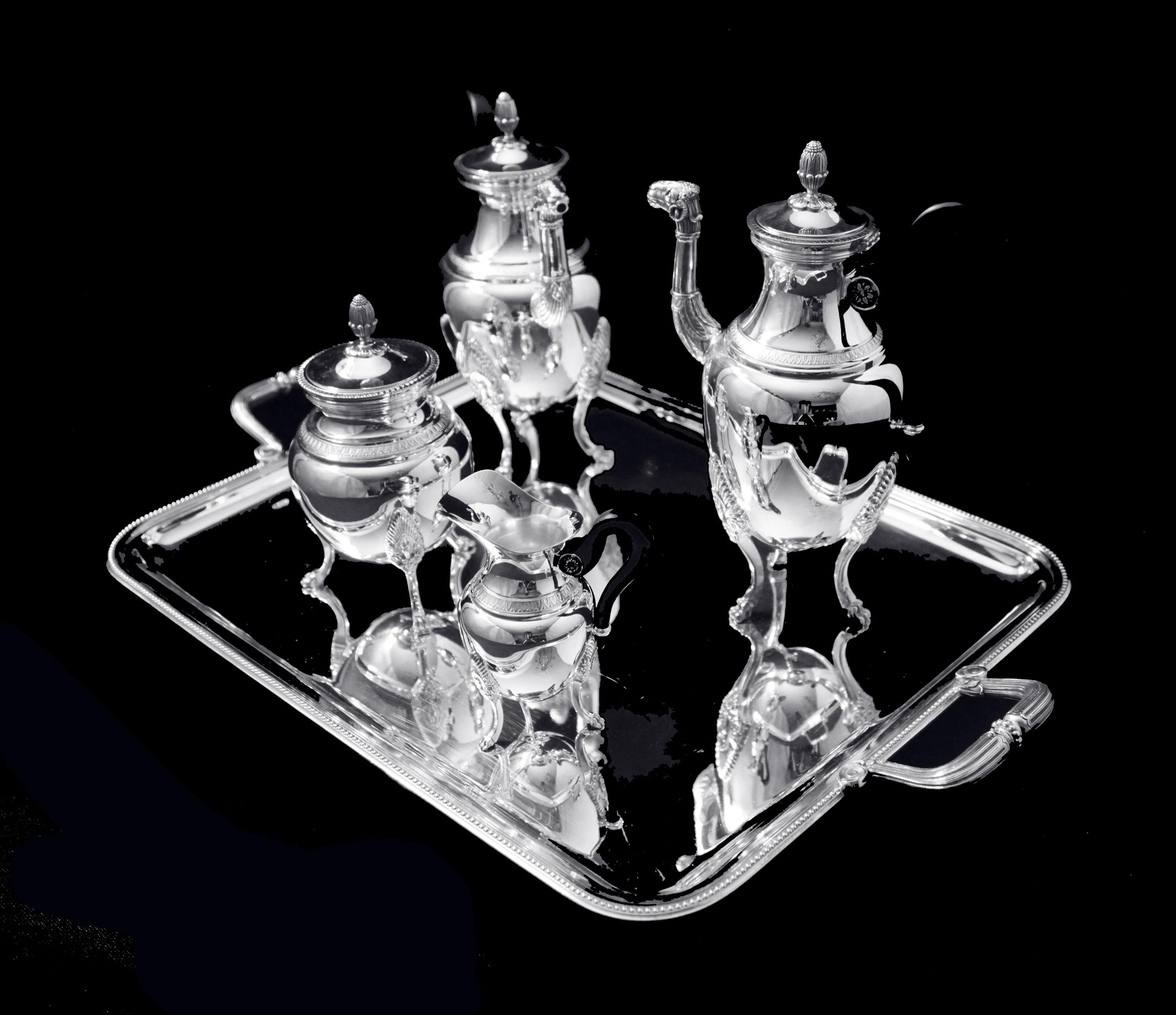 French Christofle, 5pc. Silver Plate Empire Style Tea Set with Tray - Museum Quality ! For Sale