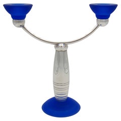Christofle Alexandrie French Modernist Candelabra in Silverplate and Blue Glass