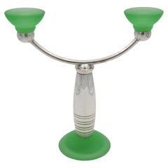 Christofle Alexandrie French Modernist Candelabra in Silverplate and Green Glass