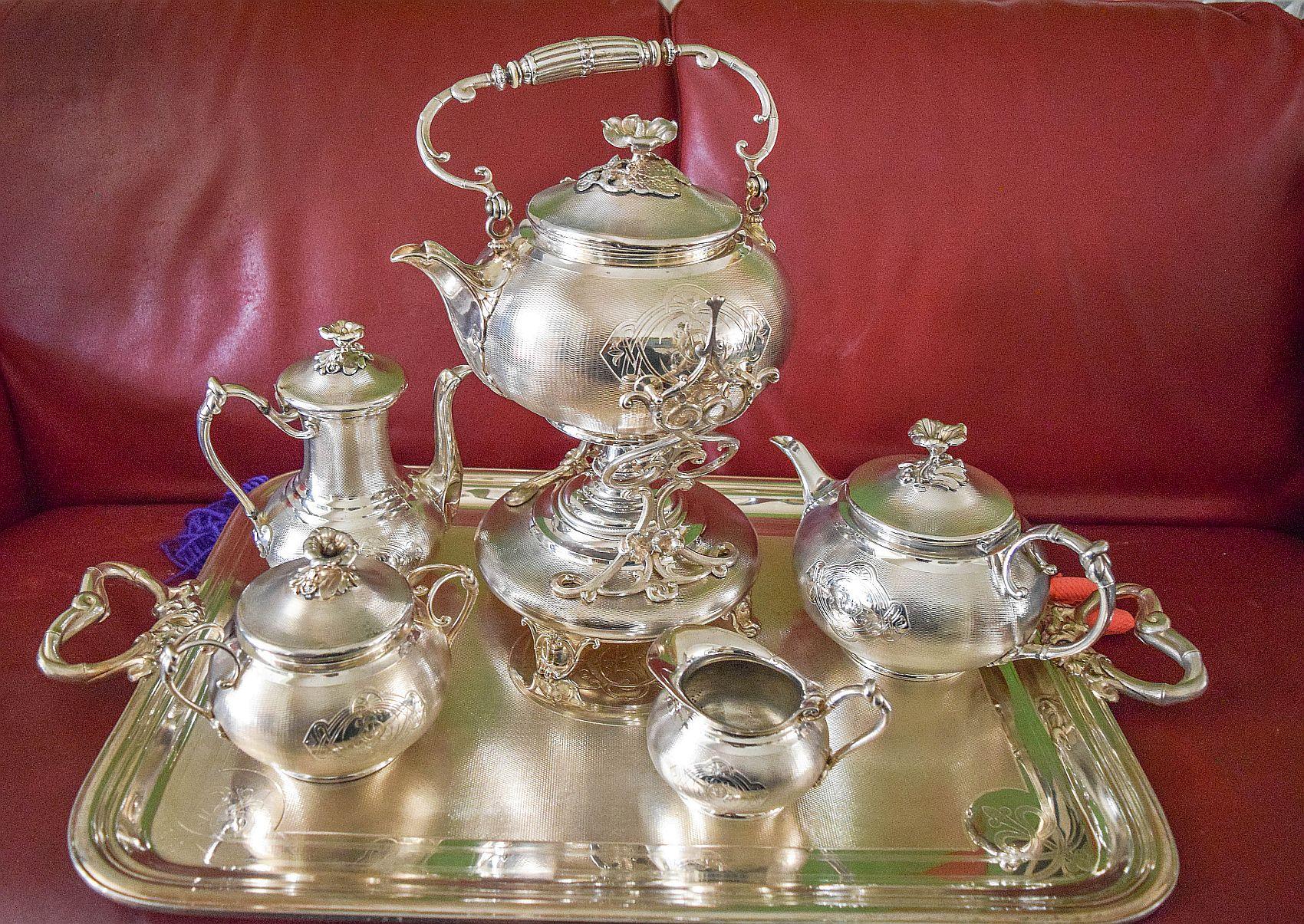 Christofle Antique 19th Century Guilloche 1890's Grand Tea set.Rare beauty For Sale 12