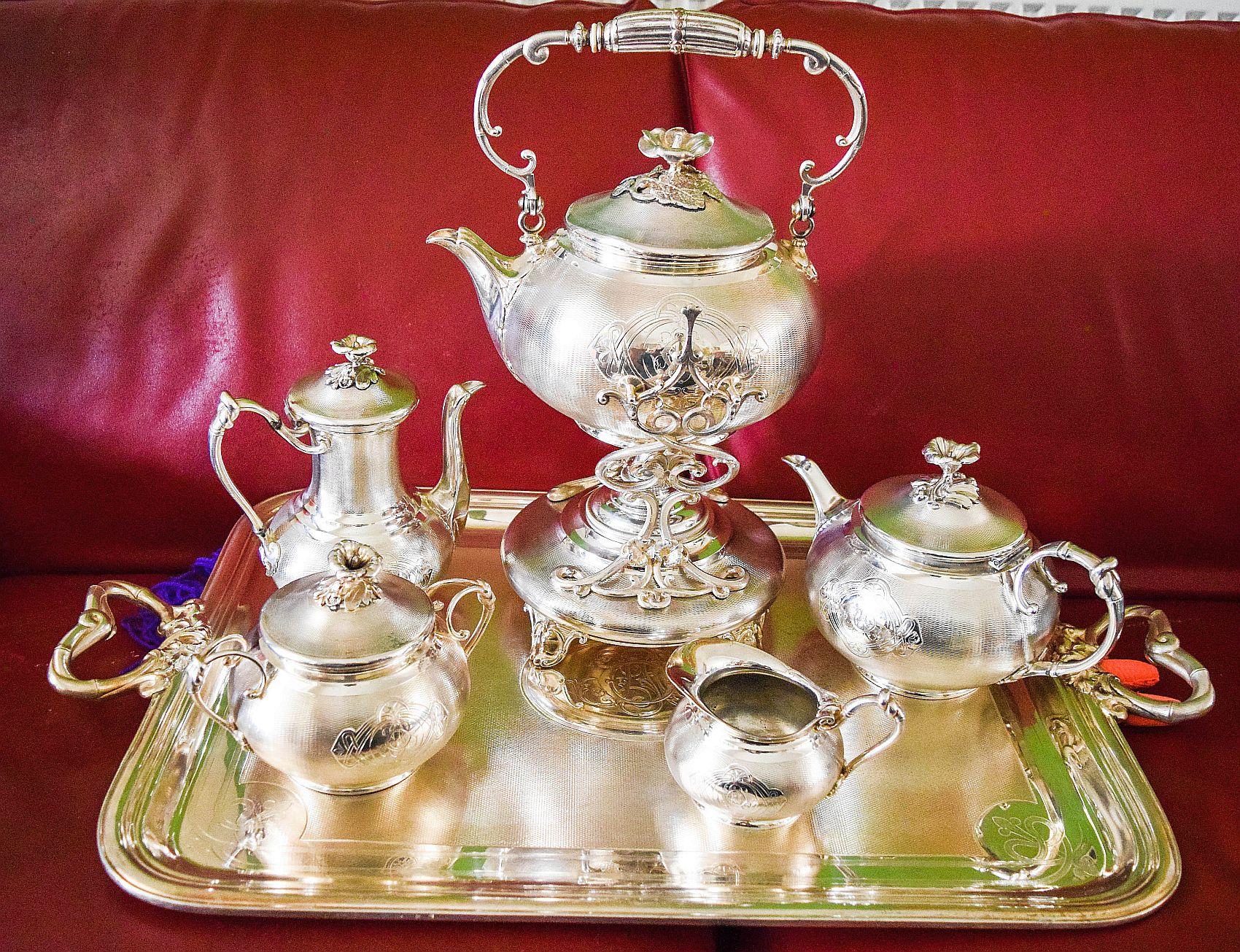 Women's or Men's Christofle Antique 19th Century Guilloche 1890's Grand Tea set.Rare beauty For Sale