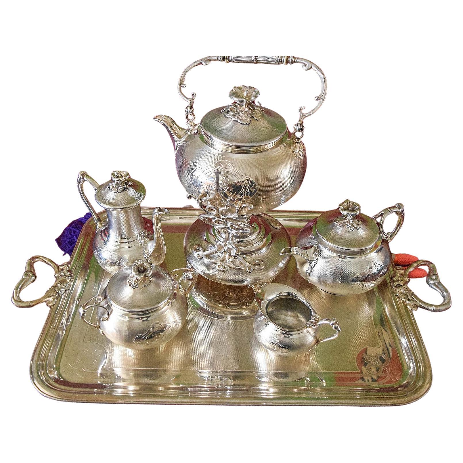 Christofle Antique 19th Century Guilloche 1890's Grand Tea set.Rare beauty For Sale