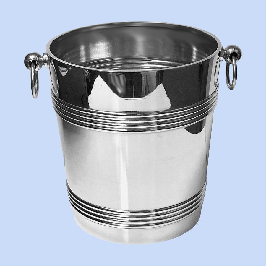 Art Deco Christofle silver plate cooler, France, circa 1940. The cooler of large very slightly tapered form, plain with upper and lower reeded band surround, ring loop handles. Marked with Christofle marks on base. Measures: Height 8 .25 inches.