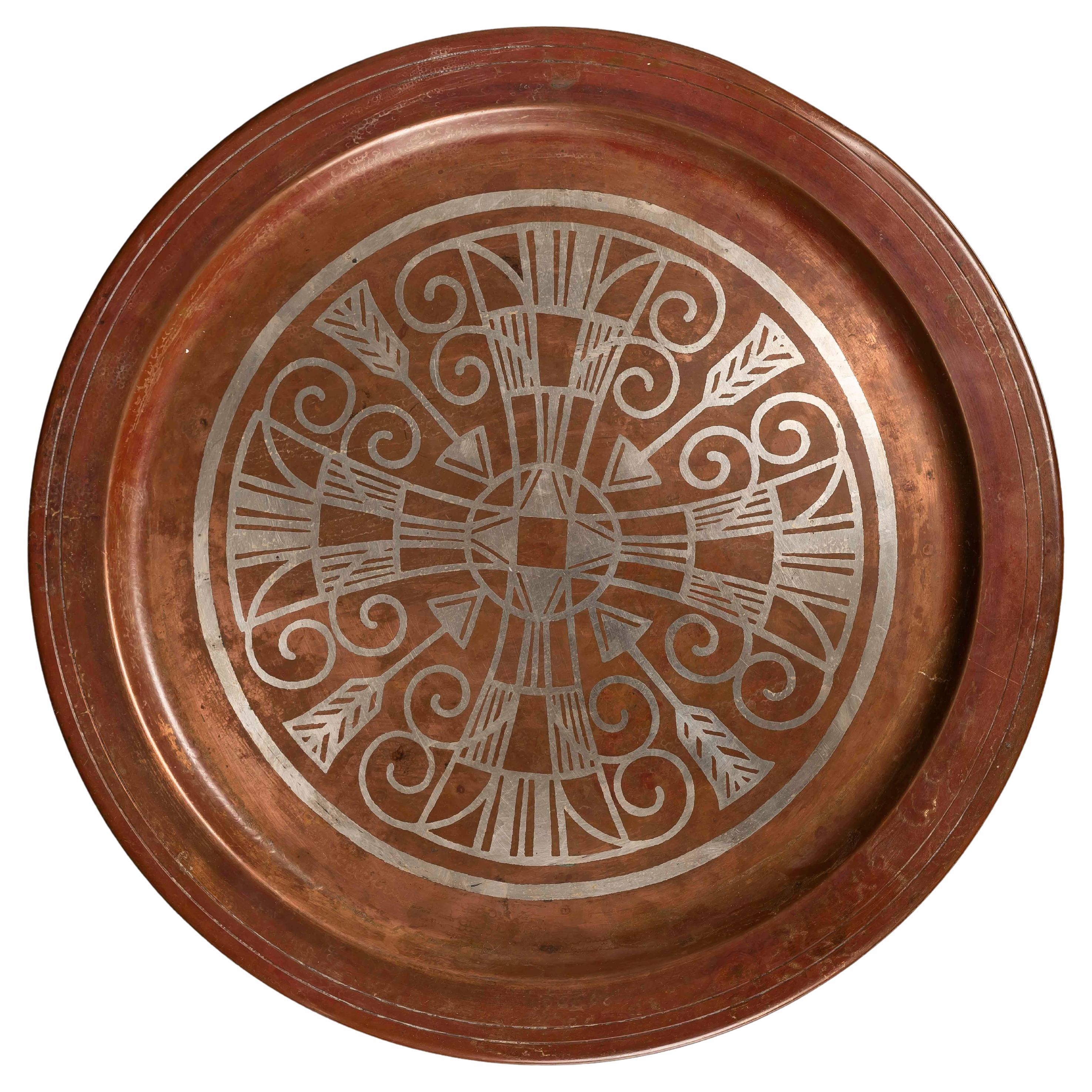 Christofle Art Deco Copper Dinanderie Tray with Geometric motif For Sale