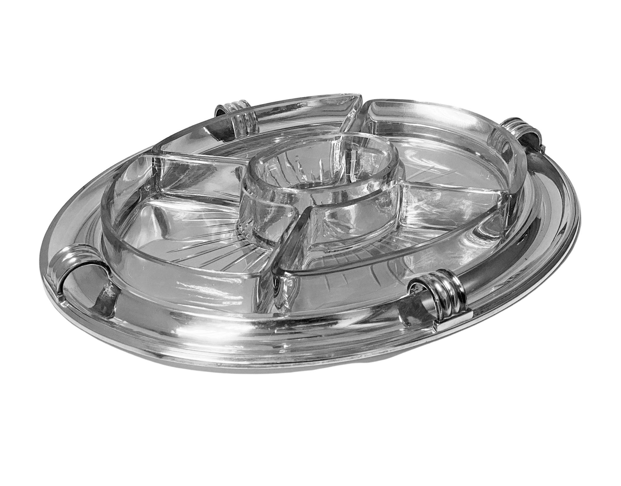 Large Christofle Art Deco Hors d'Oeuvres Platter Dish C.1935, probably Luc Lanel design. The oval shaped centrepiece dish platter complete with five sectional star cut glass individual dishes, the centre oval dish with silver plate cover lid. All in