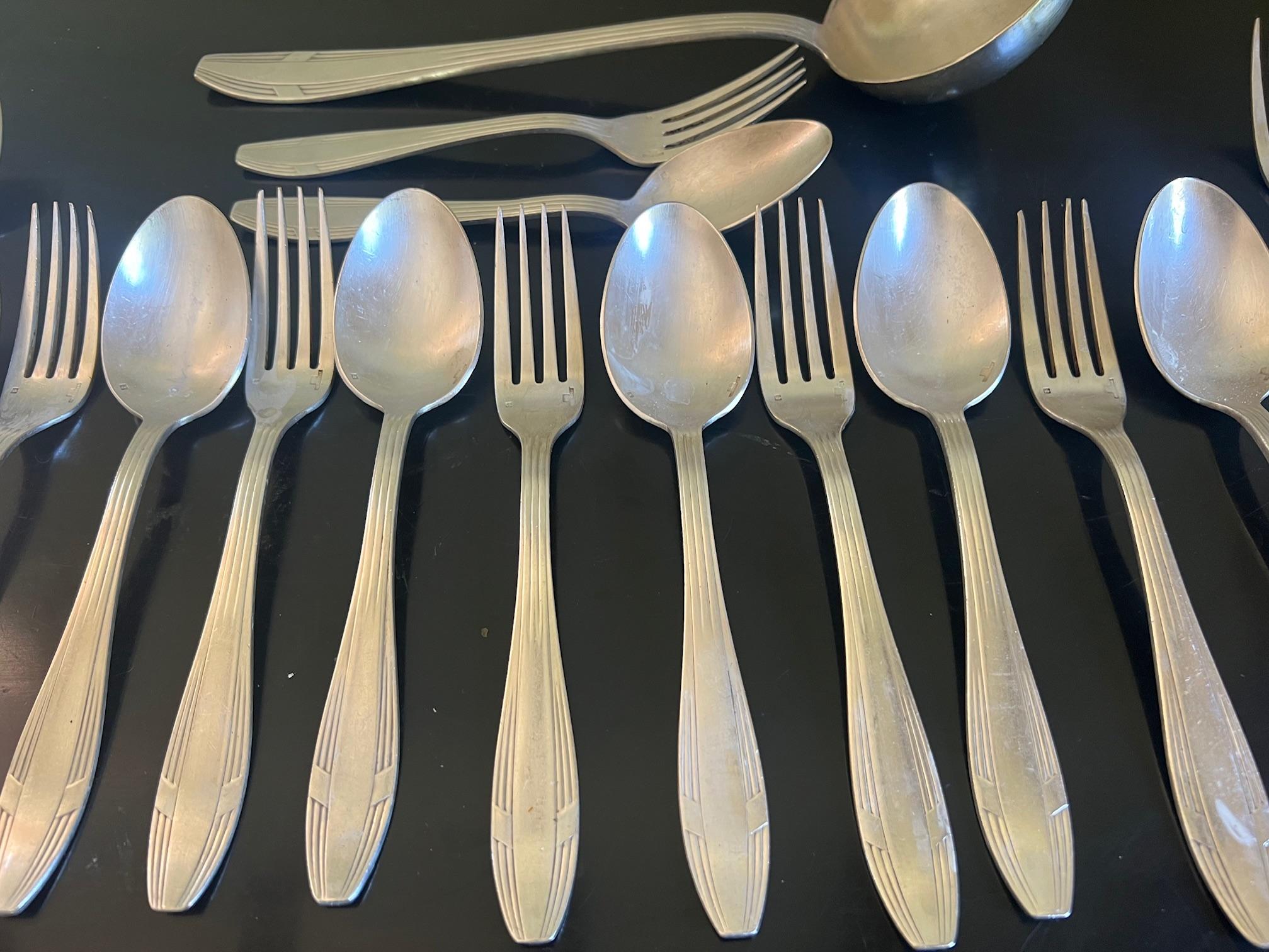 Christofle Art Deco Hotel Silver Flatware Set & Ladle, c. 1930's 3