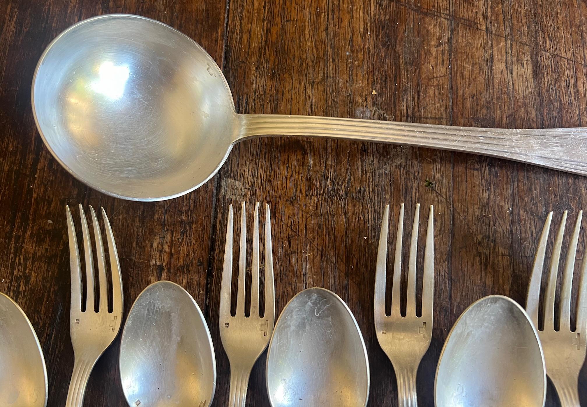 Christofle Art Deco Hotel Silver Flatware Set & Ladle, c. 1930's 11