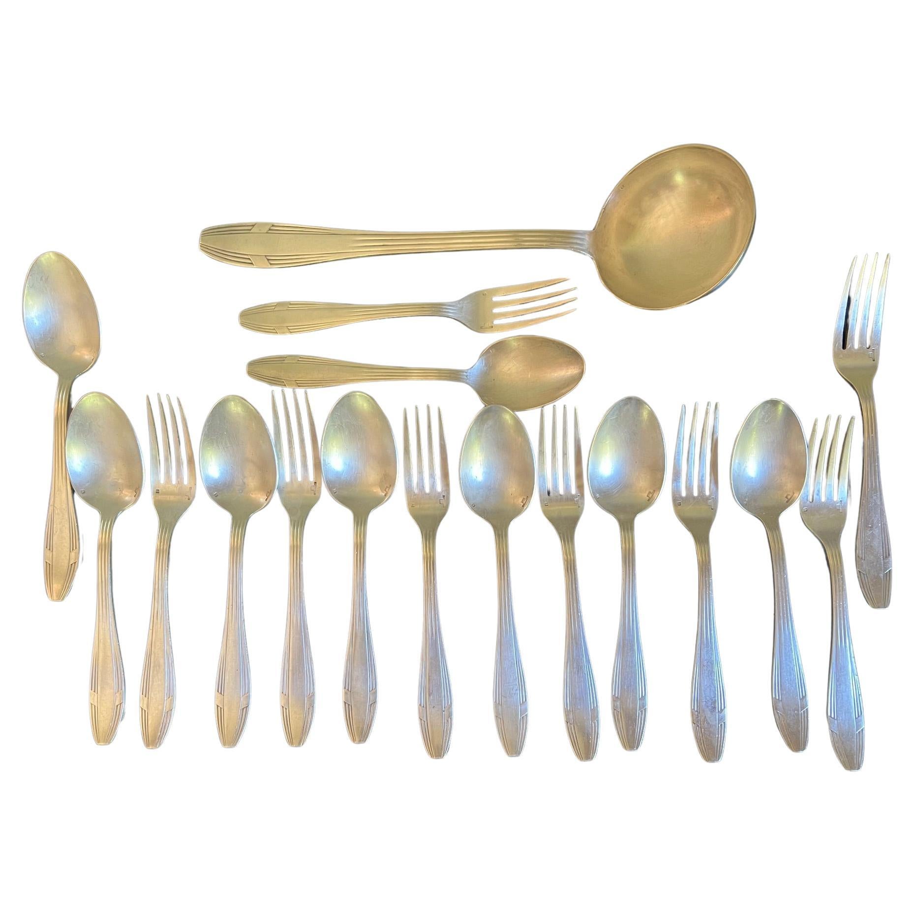 French Christofle Art Deco Hotel Silver Flatware Set & Ladle, c. 1930's