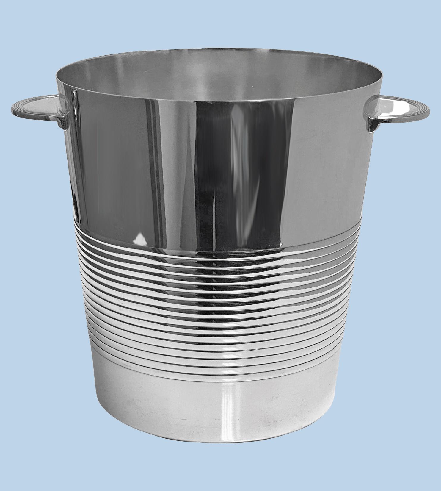 Christofle Art Deco design Luc Lanel Silver plate Wine Bucket Cooler, C.1950. This Art Deco design model, Vulcan, was designed for the Ile-de-France ocean liner in 1927. Height: approximately 8 1/8 inches. Christofle marks on base. Ref: P26 Lanel