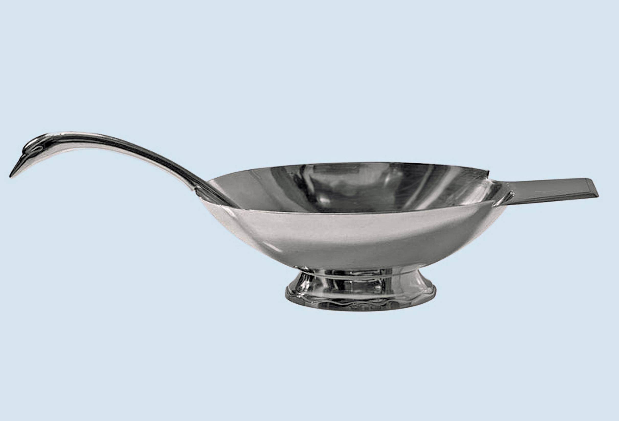 Christofle Art Deco Silver Plate Sauceboat and Ladle each conforming to the shape of a swan, designed by Christian Fjerdingstad for Christofle, France. C. 1935. The Sauceboat on oval shaped footed base with wavy design motif, plain oval shaped body