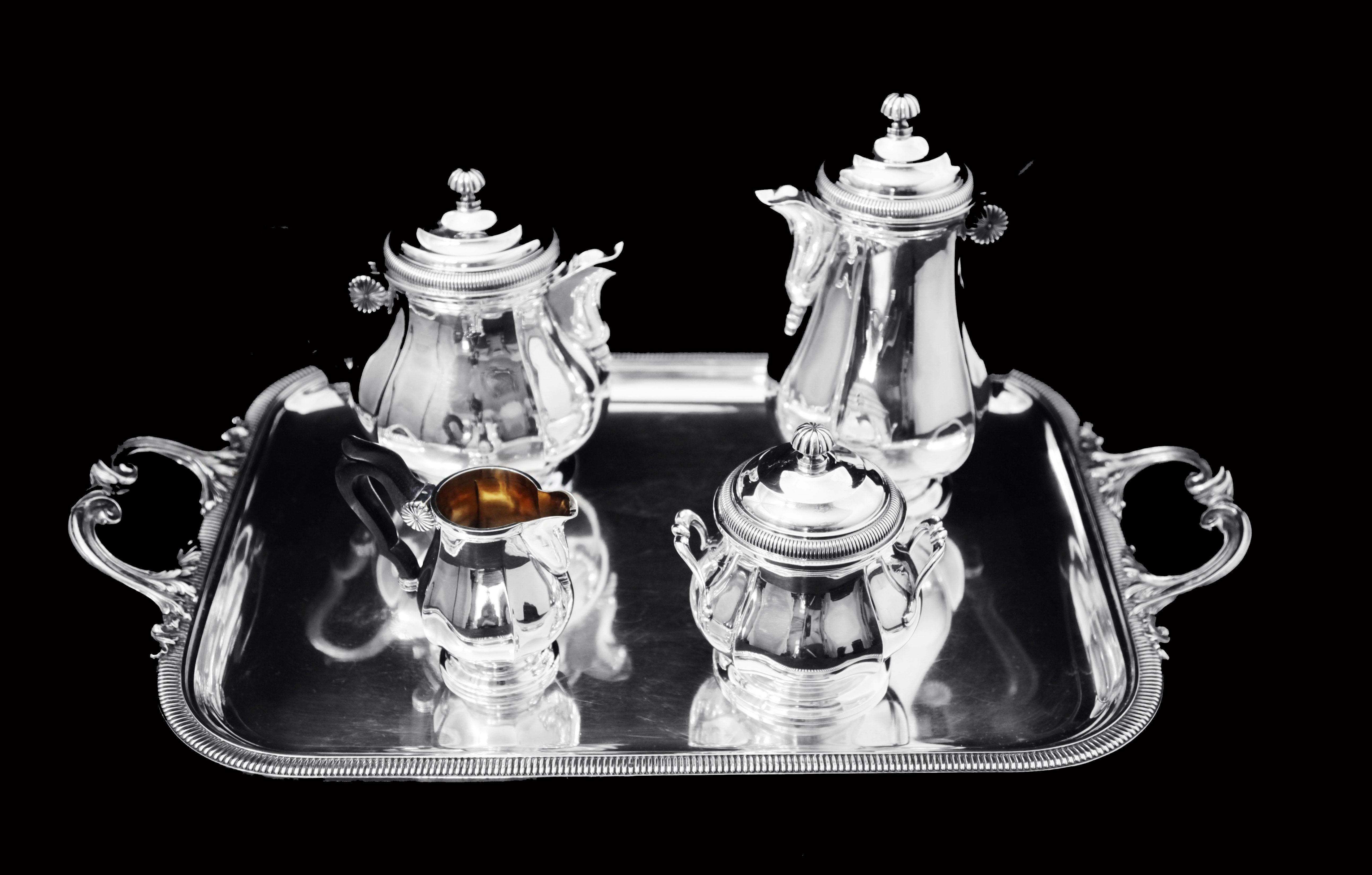Louis XVI Christofle (Cardeilhac) - 4pc. Antique French 950 Sterling Silver Tea Set + Tray For Sale