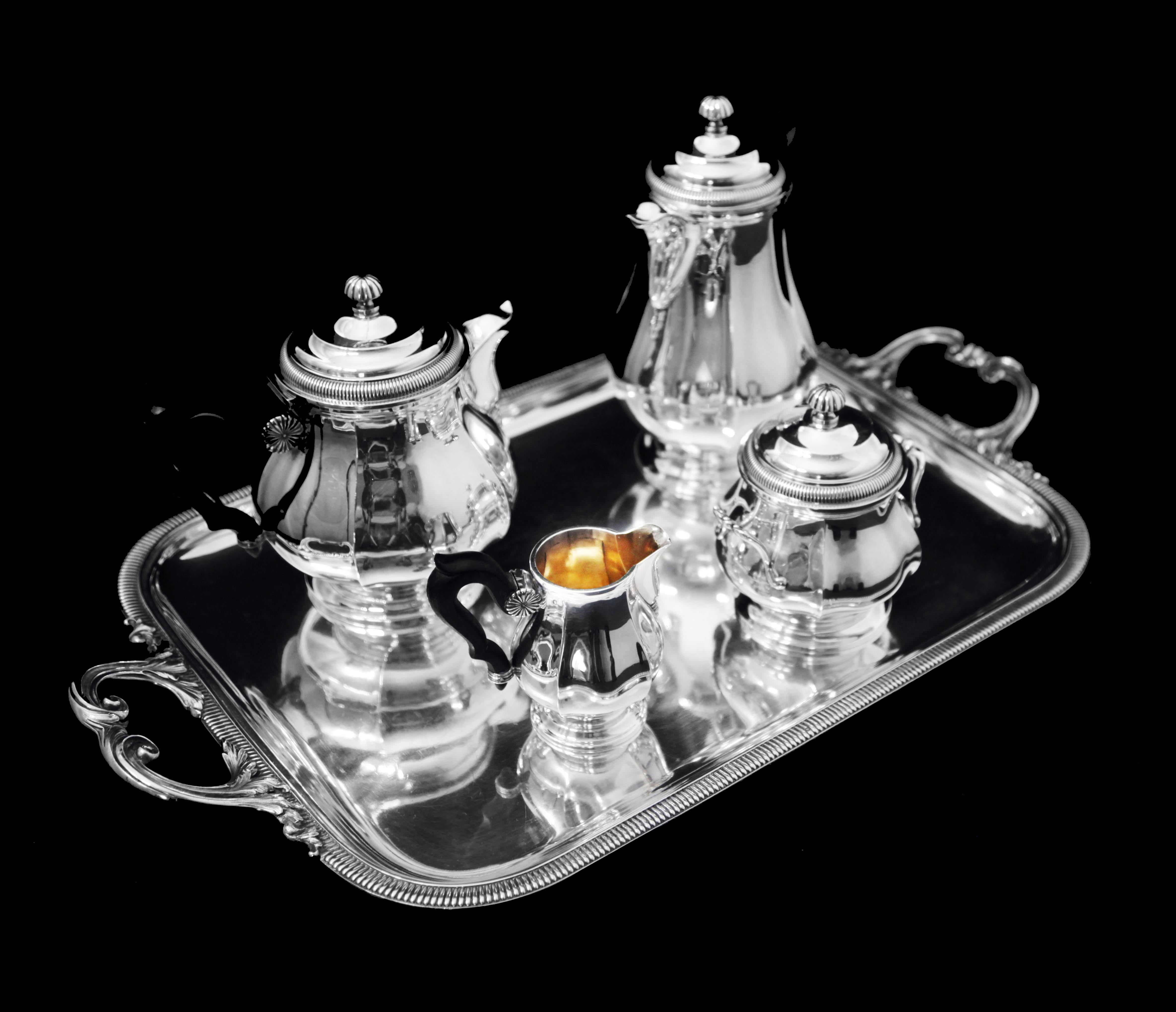 Christofle (Cardeilhac) - 4pc. Antique French 950 Sterling Silver Tea Set + Tray In Good Condition For Sale In Wilmington, DE