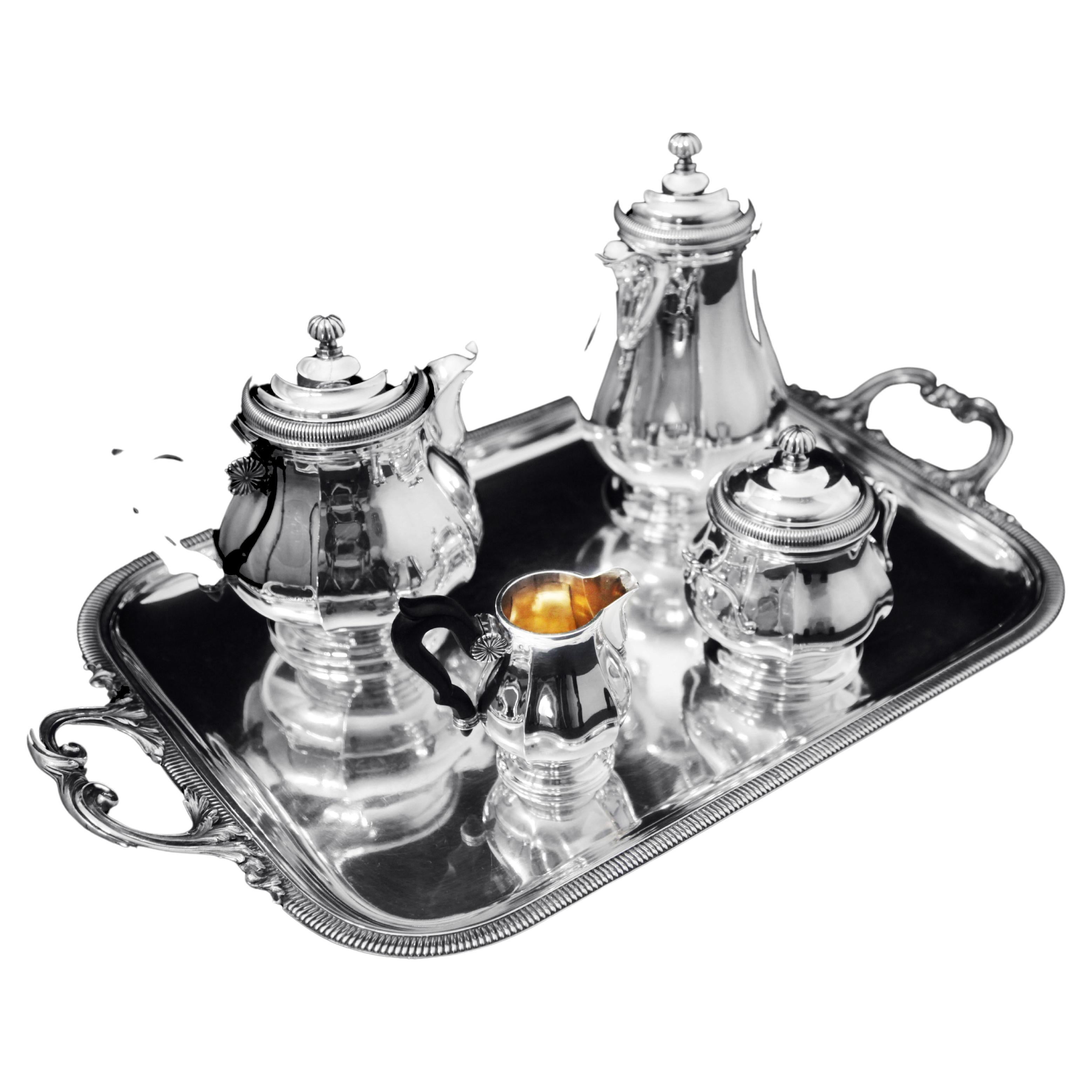 Christofle (Cardeilhac) - 4pc. Antique French 950 Sterling Silver Tea Set + Tray For Sale