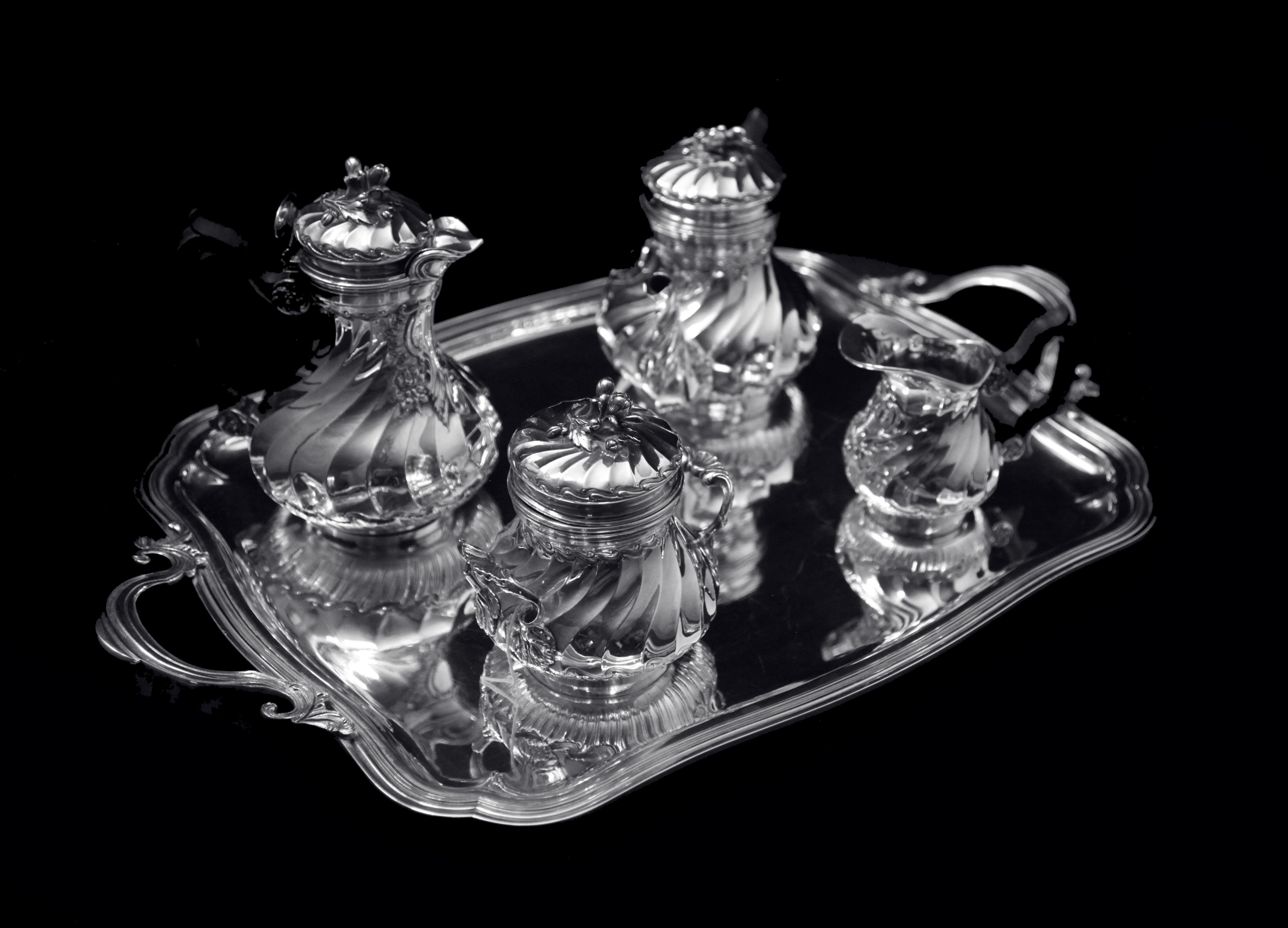Christofle (Cardeilhac) - 4 uds. ¡Juego de Té Antiguo Francés de Plata de Ley + Bandeja ! Luis XVI en venta