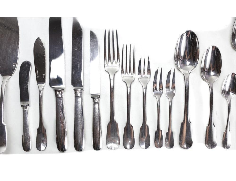 Christofle Cardeilhac French 950 silver 9pc service flatware for 12 in Anjou. Hallmarks to the edge of the pieces. 12 tablespoons, 12 dessert spoons, 6 teaspoons, 12 dinner forks, 10 salad forks, 12 pastry forks, 12 fish forks, 12 dinner knives, 12