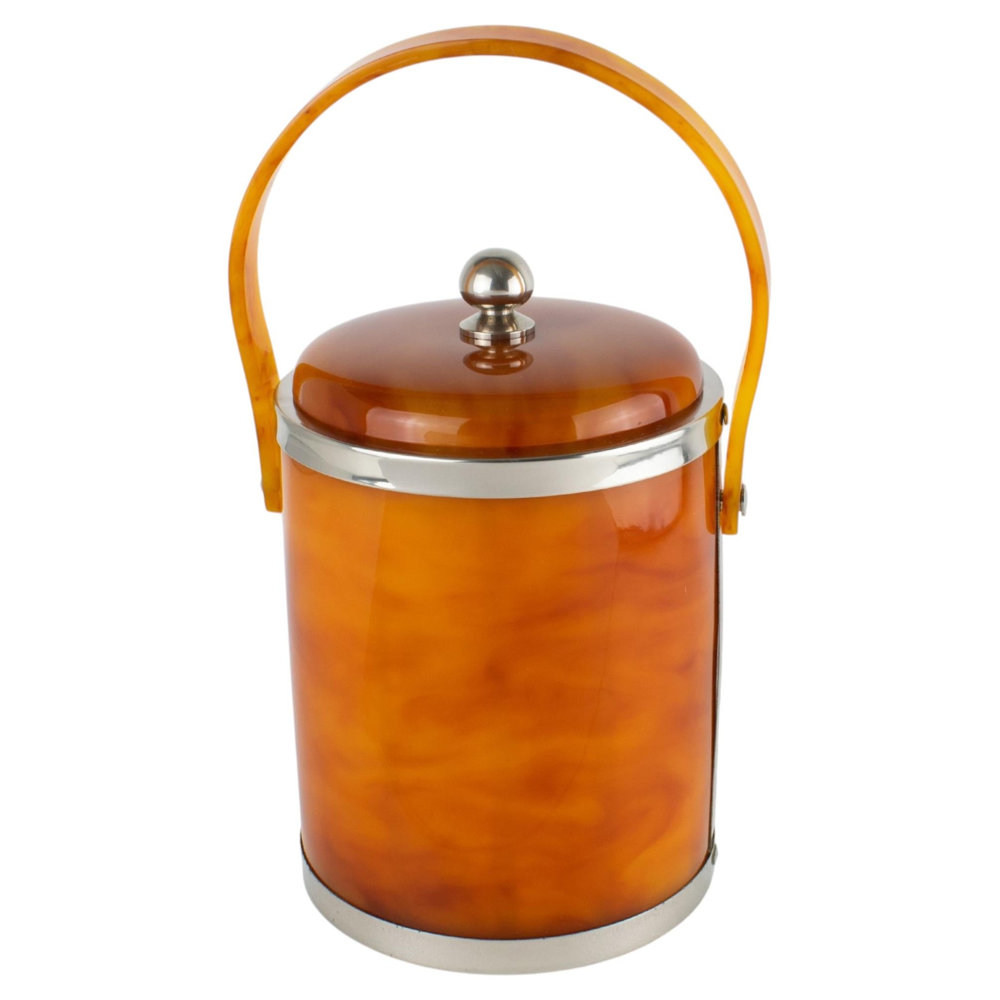 Christofle Chrome and Red Tea Amber Lucite Barware Ice Bucket, circa 1970 For Sale