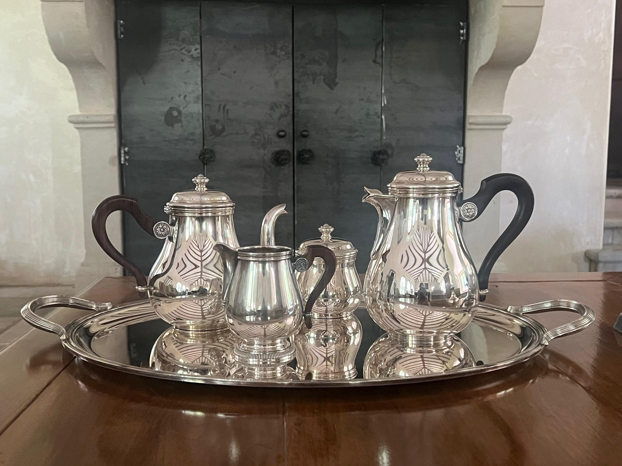 Empire Service à café et thé Christofle avec poignées en bois de rose et grand plateau en vente