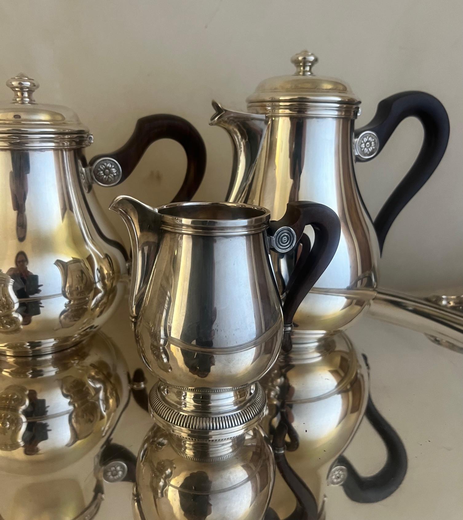 Français Service à café et thé Christofle avec poignées en bois de rose et grand plateau en vente