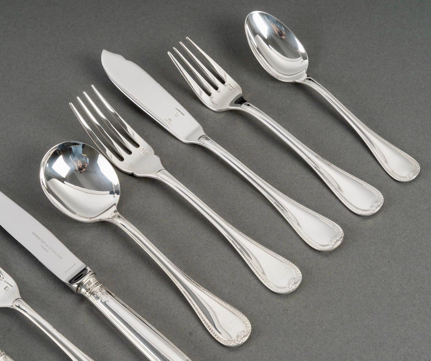 Christofle Cutlery Flatware Malmaison Solid Sterling Silver 233 Pieces In Good Condition In Boulogne Billancourt, FR
