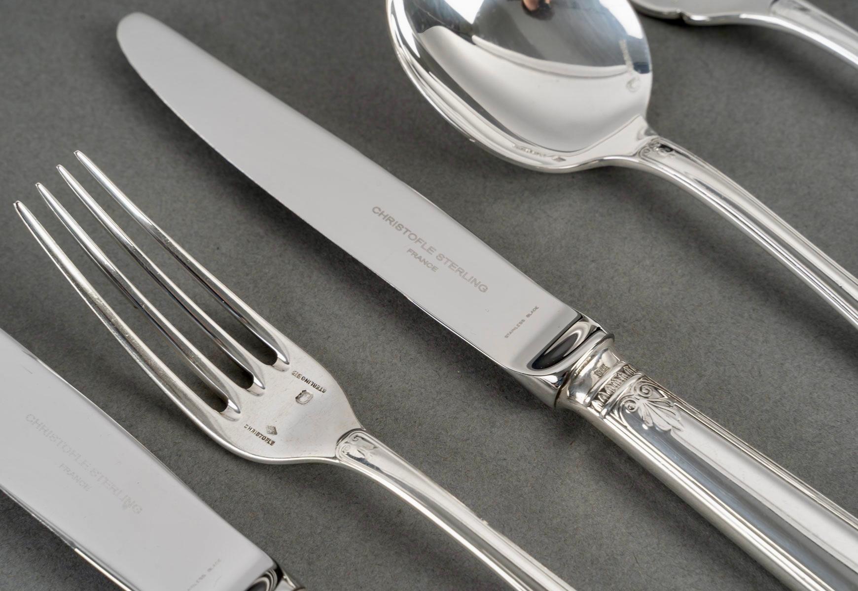 Christofle Cutlery Flatware Malmaison Solid Sterling Silver 233 Pieces 3