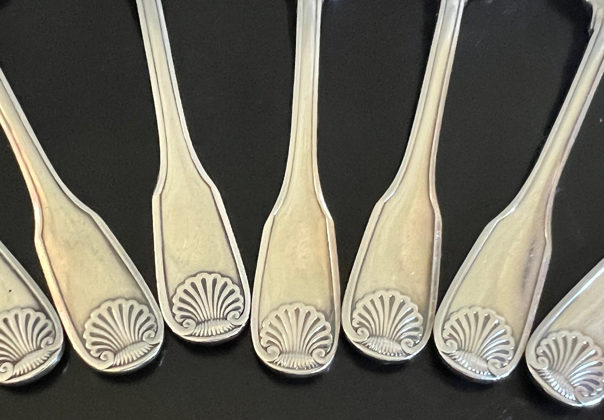 Set of twelve vintage silver plated demitasse spoons in the Vendome pattern, made in France by Christofle. Each spoon has a shell on the end of each spoon, top and bottom.

The stamp on each spoon was used from 1935-1983.
