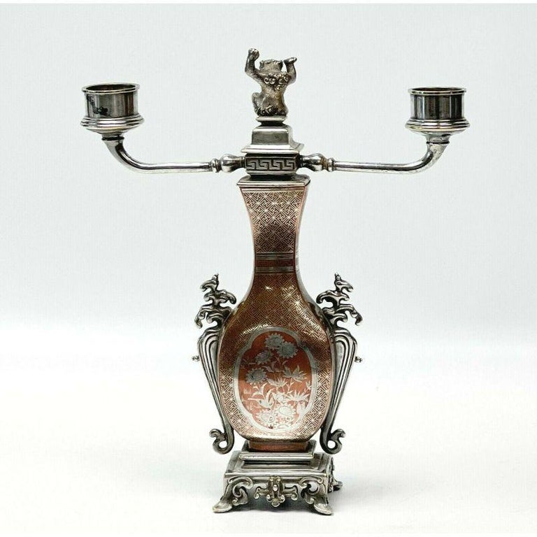 Christofle et Cie French Mixed Metal Copper Silver Inlay Gold Plate  Candelabra For Sale at 1stDibs