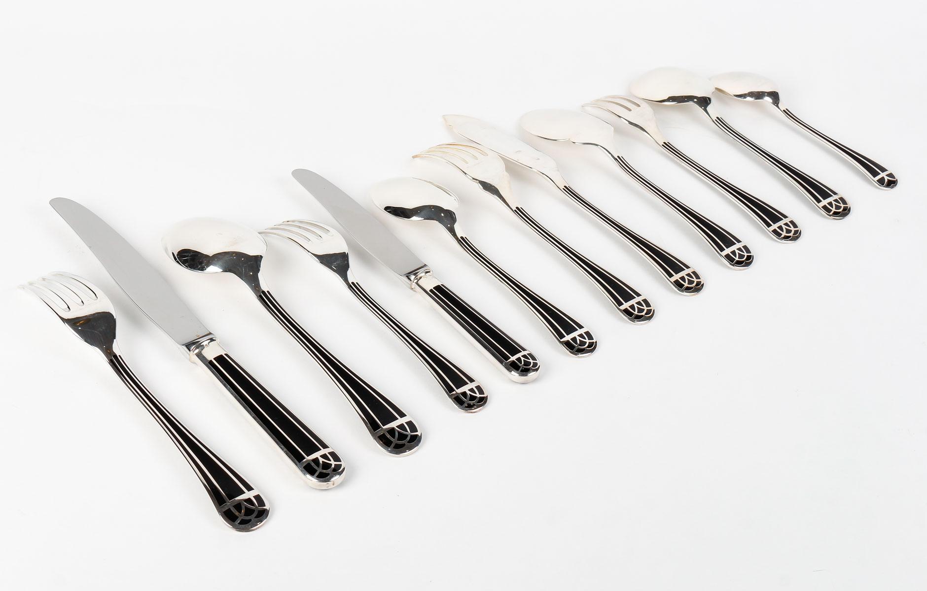 Christofle - Flatware Cutlery Set Talisman Plated Silver & Black Lacquer 192 Pcs 5