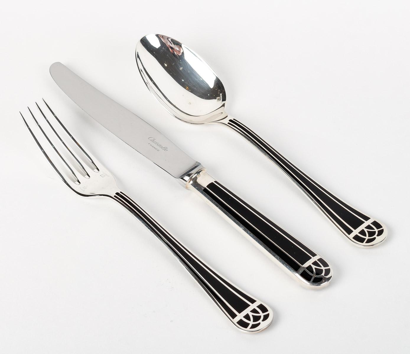 Christofle - Flatware Cutlery Set Talisman Plated Silver & Black Lacquer 192 Pcs 8