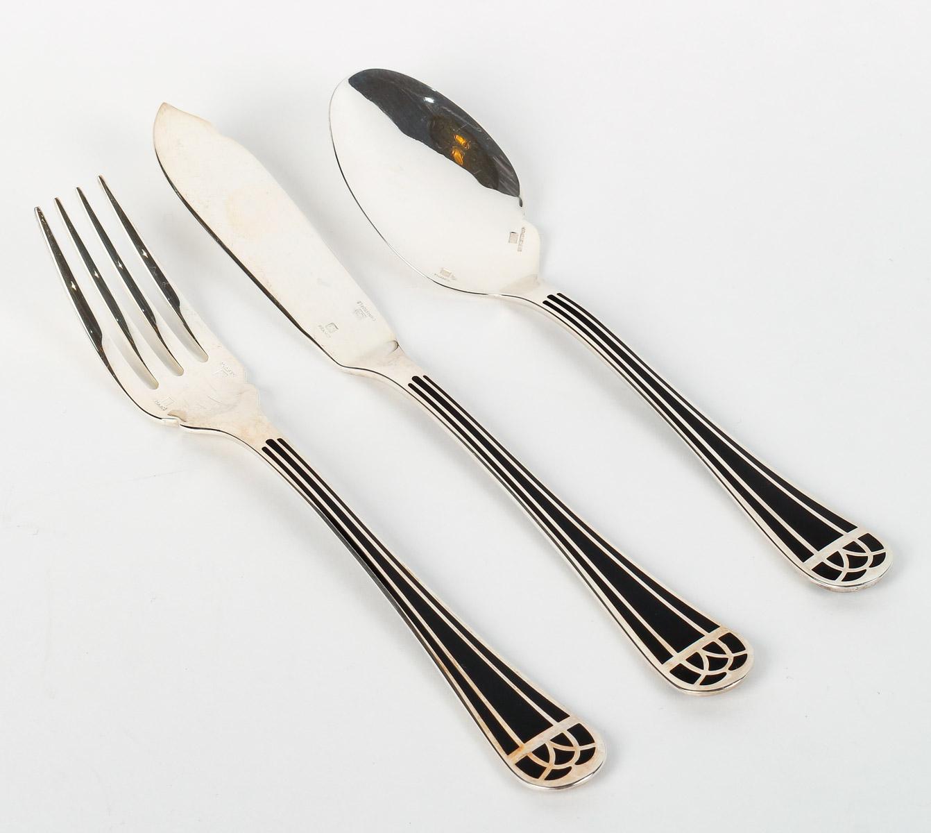Christofle - Flatware Cutlery Set Talisman Plated Silver & Black Lacquer 192 Pcs 9