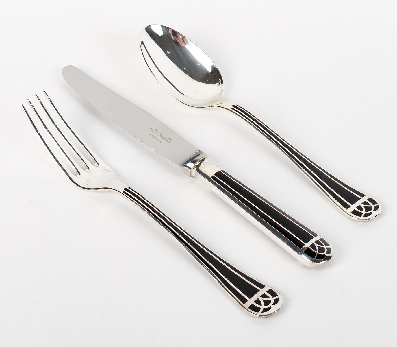 Christofle - Flatware Cutlery Set Talisman Plated Silver & Black Lacquer 192 Pcs 10