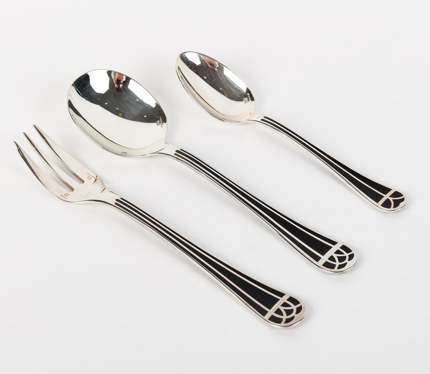 Christofle - Flatware Cutlery Set Talisman Plated Silver & Black Lacquer 192 Pcs 11