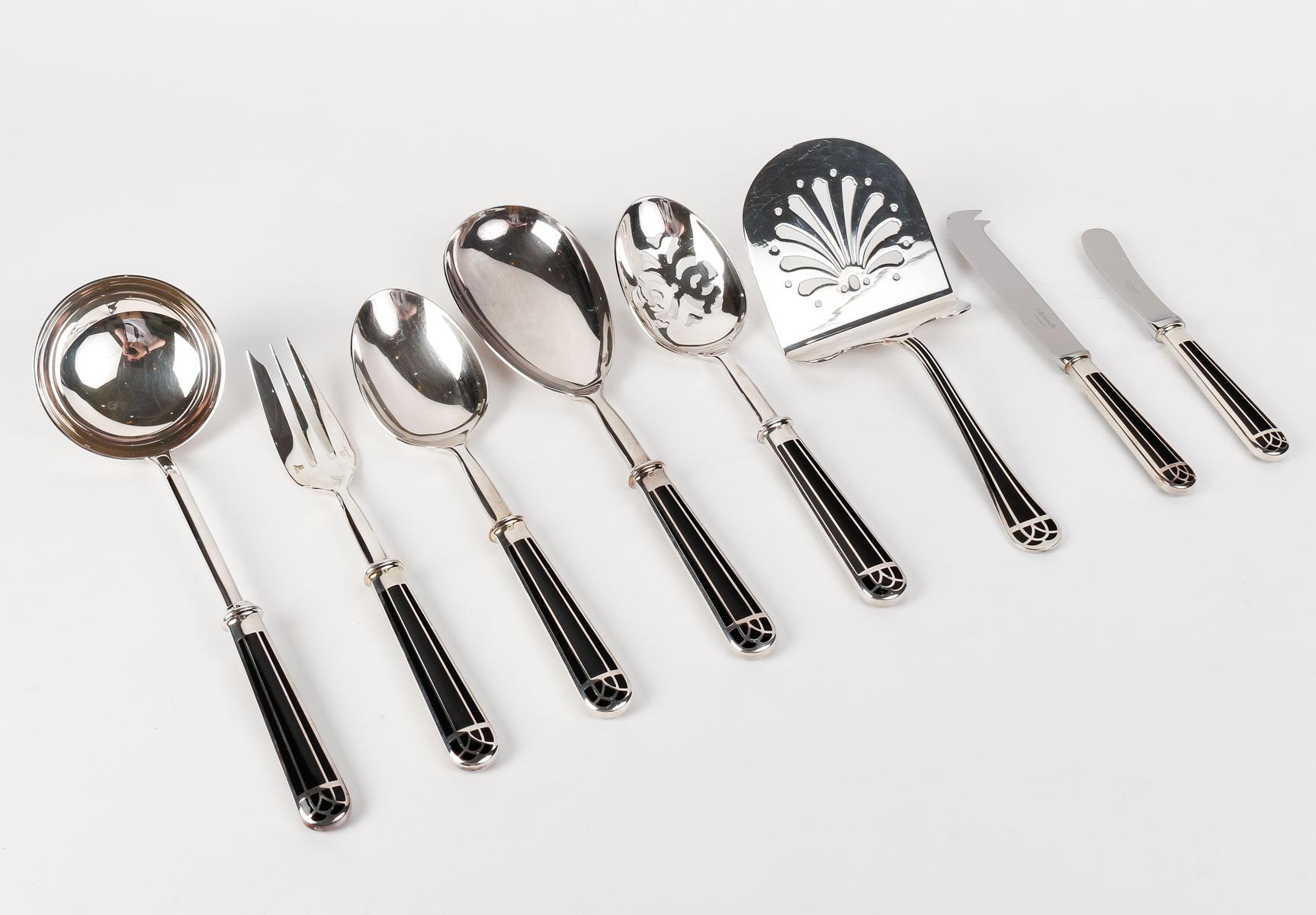 Christofle - Flatware Cutlery Set Talisman Plated Silver & Black Lacquer 192 Pcs 12